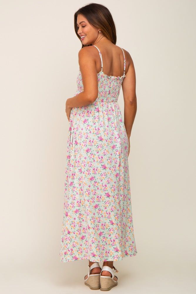 Light Olive Square Neck Smocked Maternity Midi Dress sold by Pinkblush product image thumbnail 3