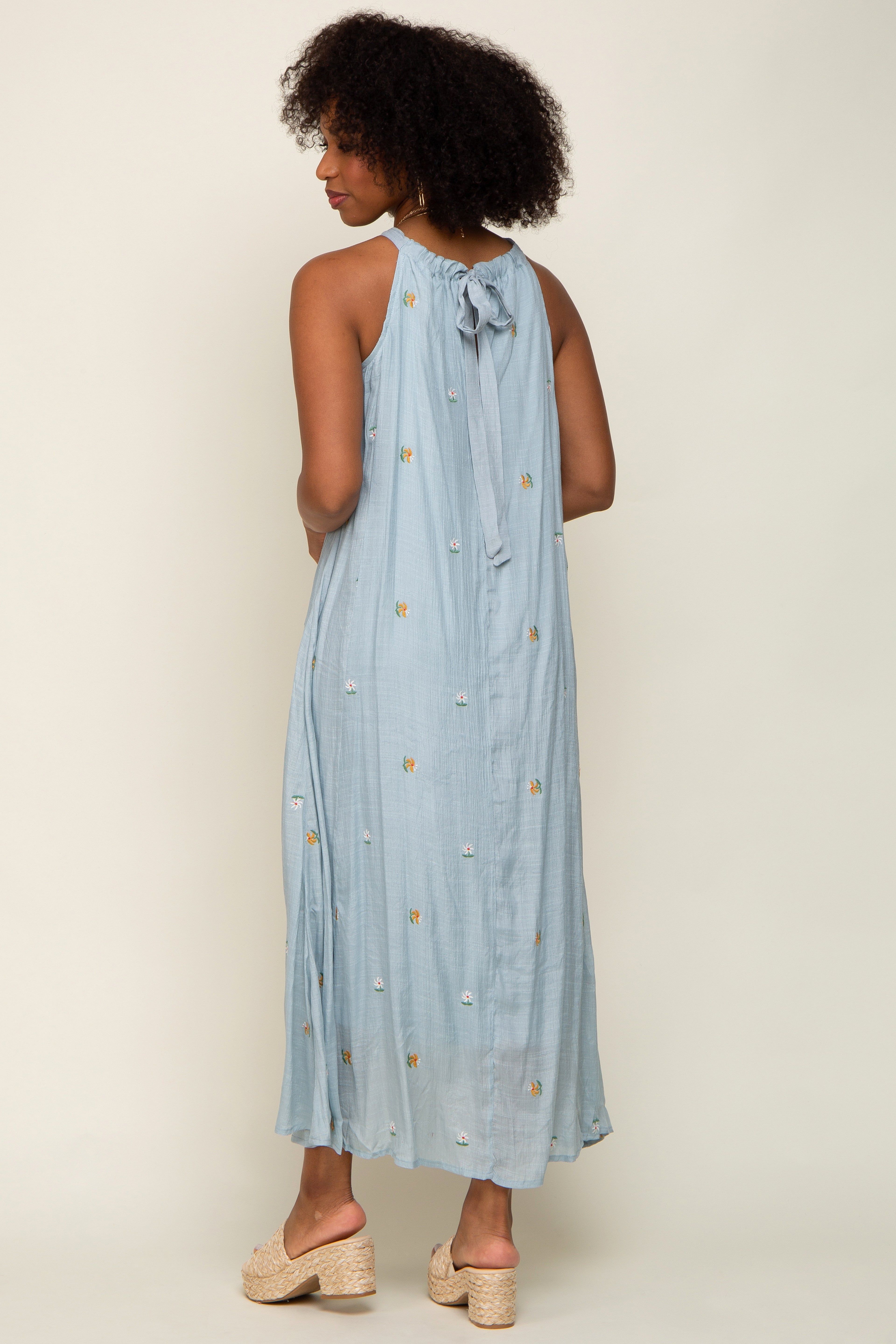 Light Blue Floral Embroidered Smocked Halter Midi Dress sold by Pinkblush product image thumbnail 3