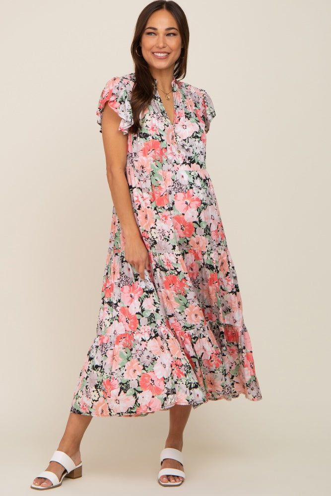 Black Floral Button Front Ruffle Sleeve Tiered Maternity Midi Dress sold by Pinkblush