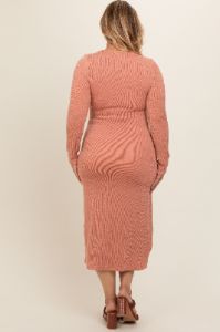 Rust Ribbed Long Sleeve Plus Maternity Wrap Nursing Dress sold by Pinkblush