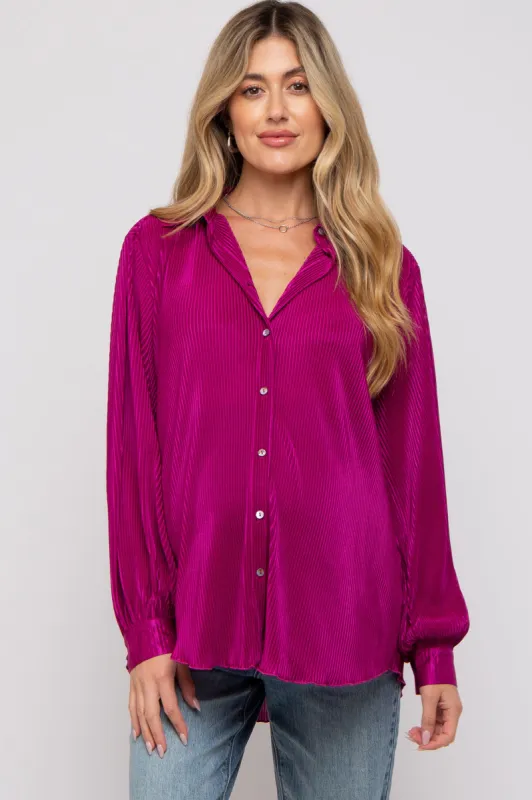 Magenta Plisse Button Up Long Sleeve Maternity Top sold by Pinkblush
