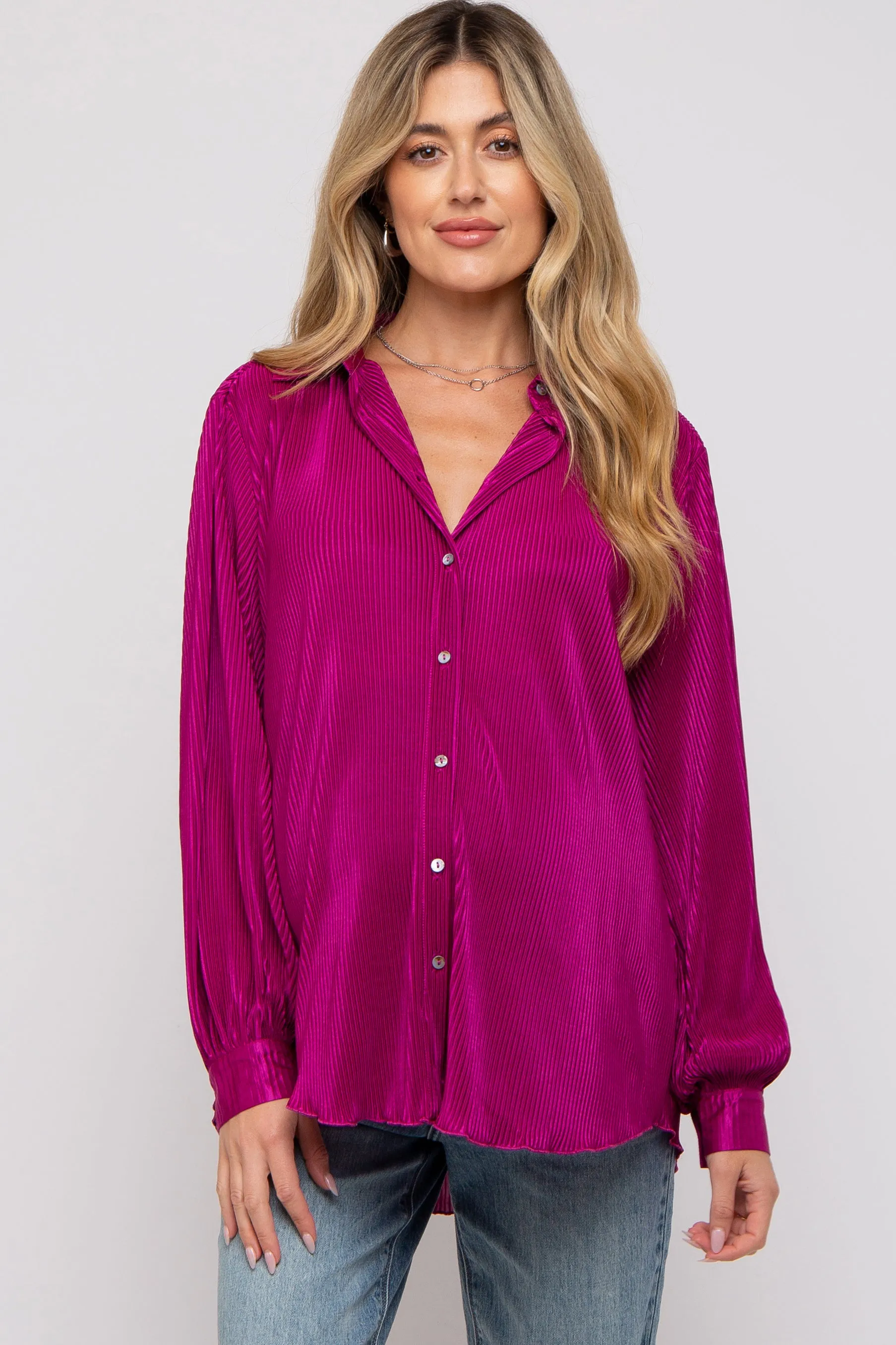 Magenta Plisse Button Up Long Sleeve Maternity Top sold by Pinkblush