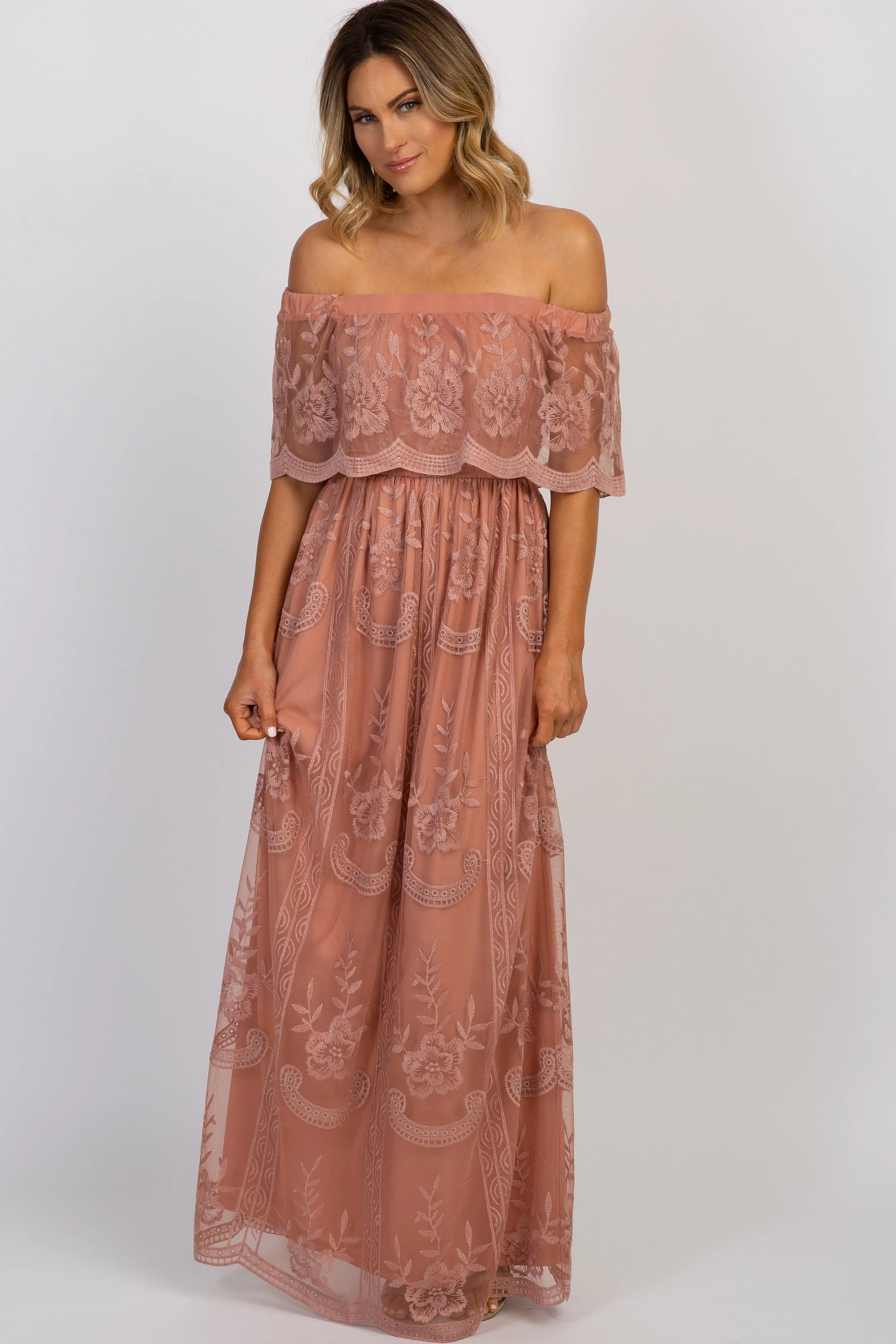 Light Pink Lace Mesh Overlay Off Shoulder Maternity Maxi Dress sold by Pinkblush product image thumbnail 4