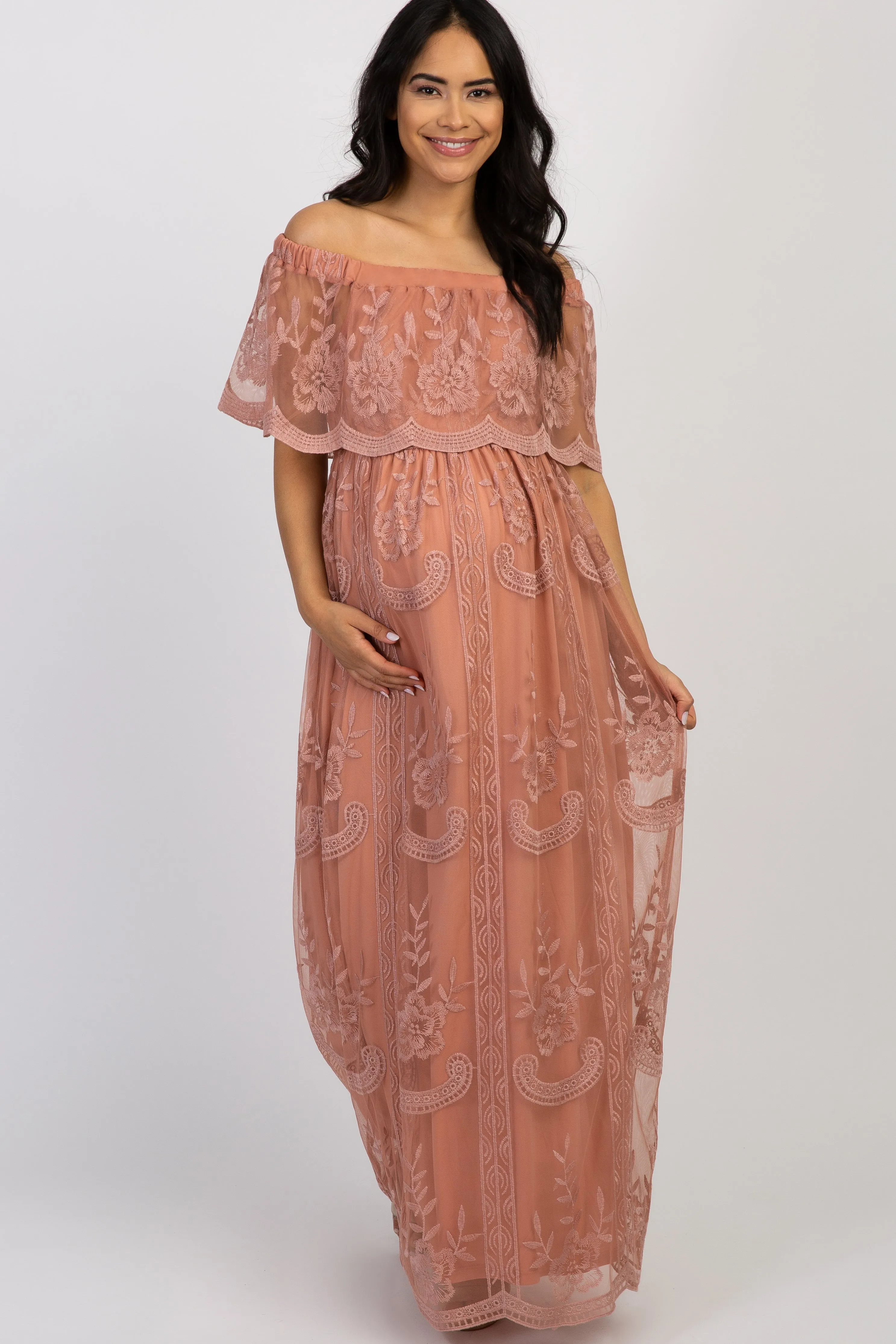 Light Pink Lace Mesh Overlay Off Shoulder Maternity Maxi Dress sold by Pinkblush