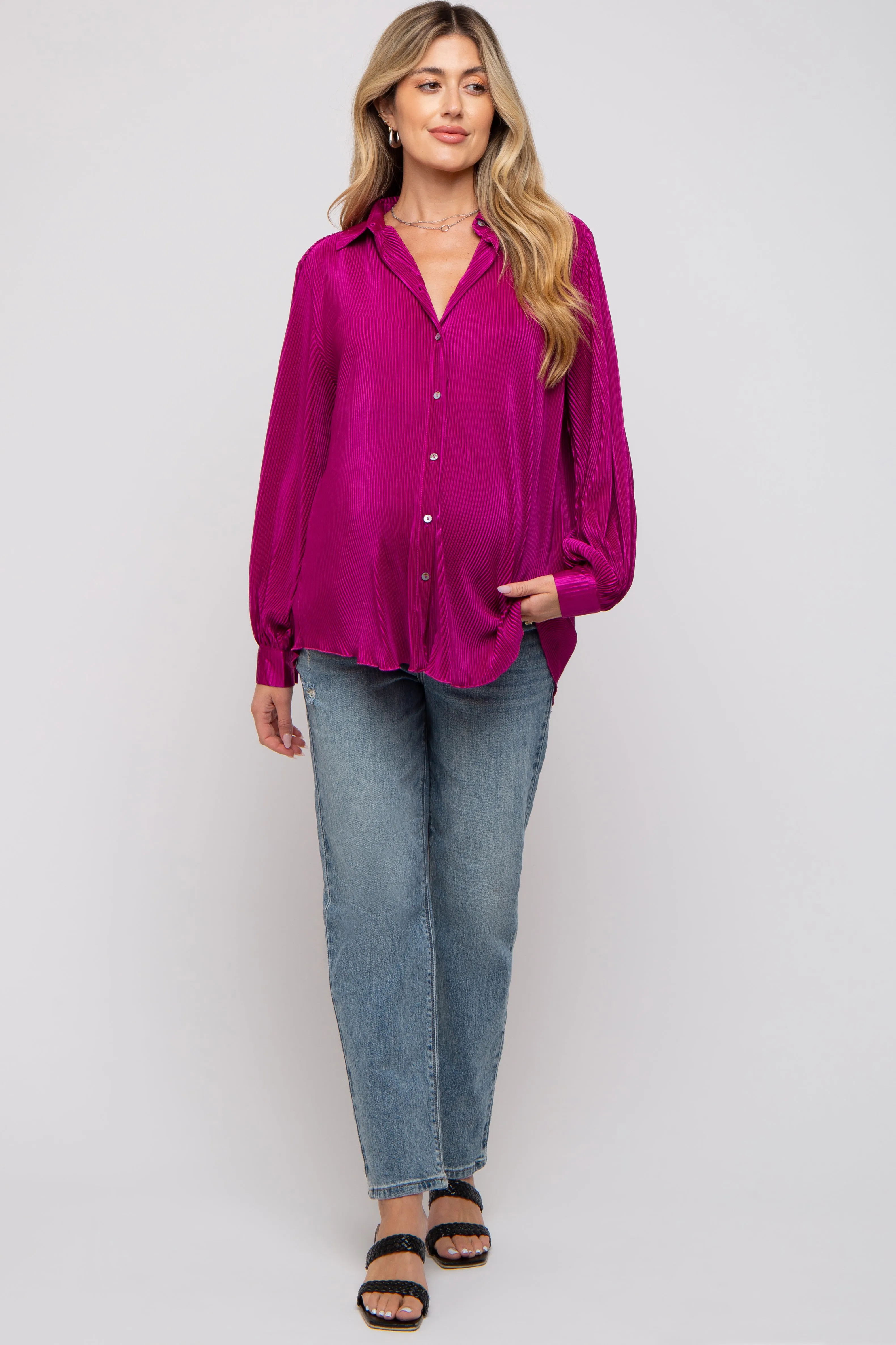 Magenta Plisse Button Up Long Sleeve Maternity Top sold by Pinkblush product image thumbnail 5
