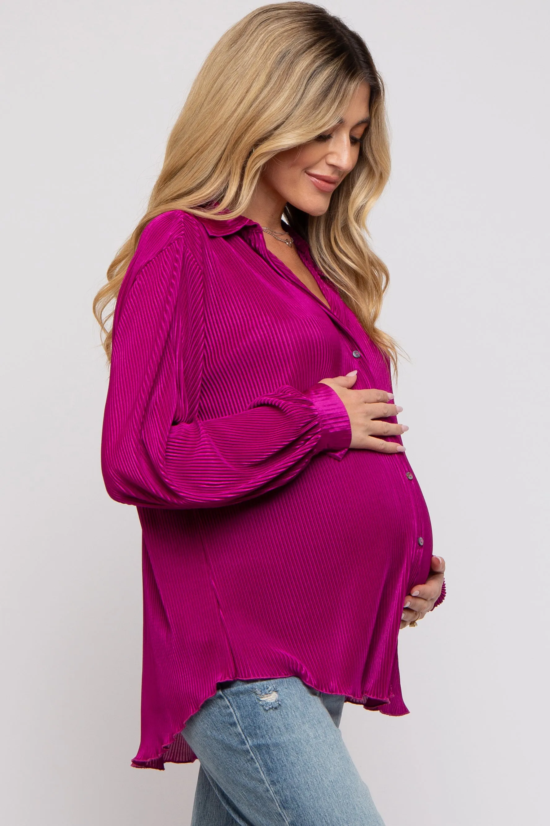 Magenta Plisse Button Up Long Sleeve Maternity Top sold by Pinkblush product image thumbnail 2