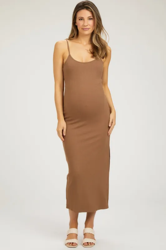 Camel Ribbed Sleeveless Side Slit Maternity Dress sold by Pinkblush