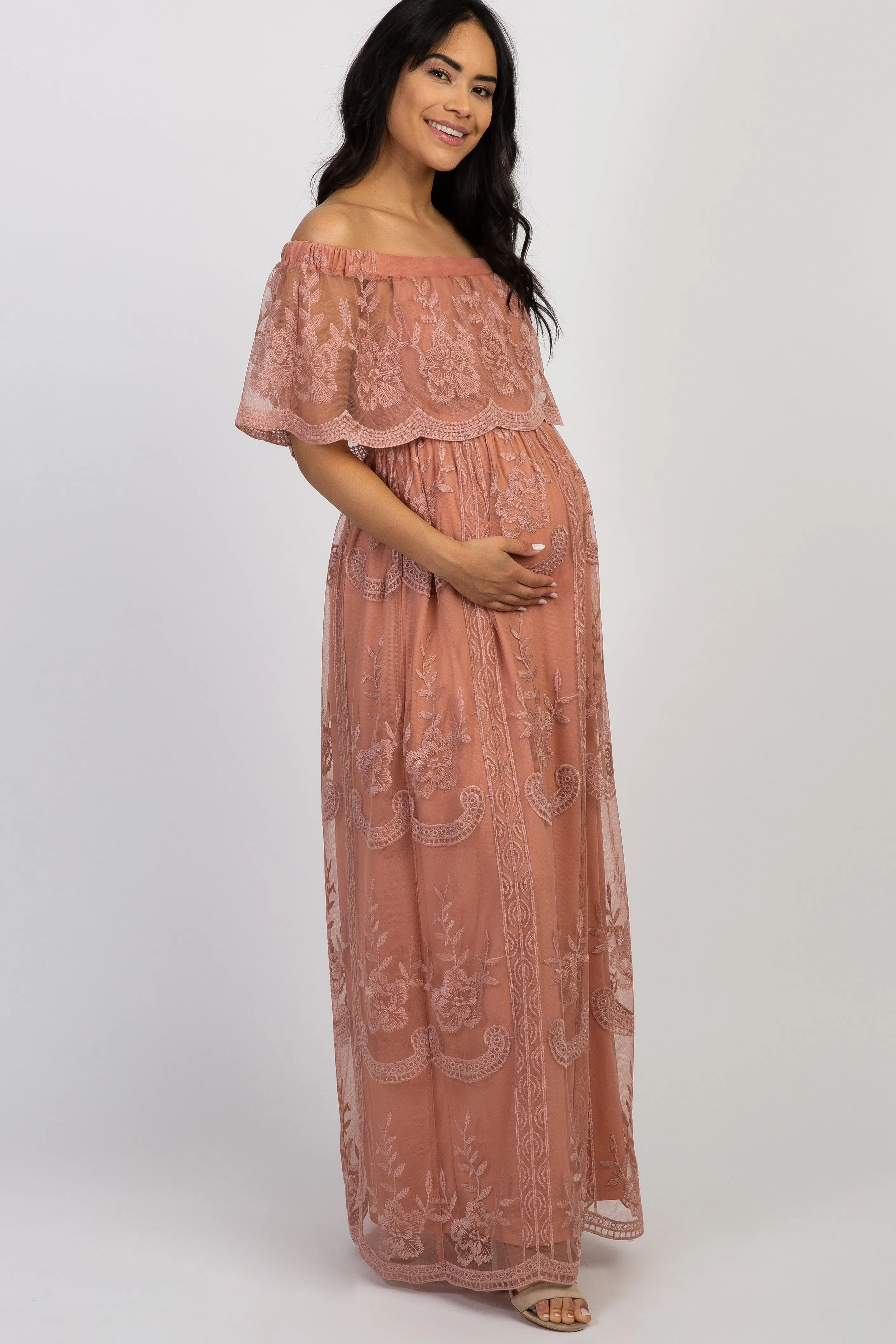 Light Pink Lace Mesh Overlay Off Shoulder Maternity Maxi Dress sold by Pinkblush product image thumbnail 2