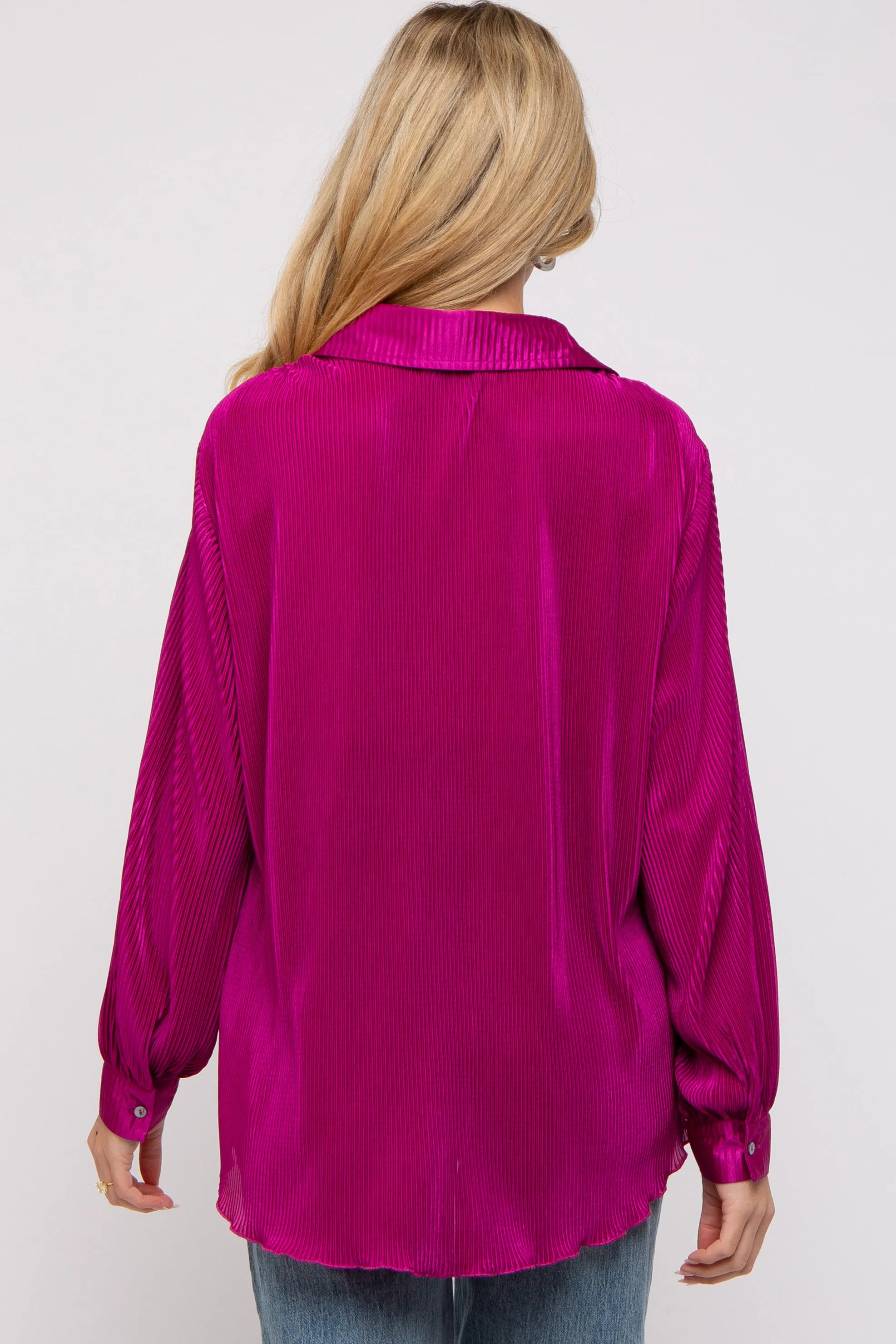Magenta Plisse Button Up Long Sleeve Maternity Top sold by Pinkblush product image thumbnail 3