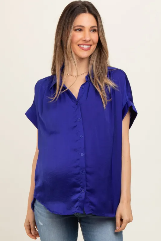 Royal Satin Button Front Collared Short Sleeve Maternity Top sold by Pinkblush