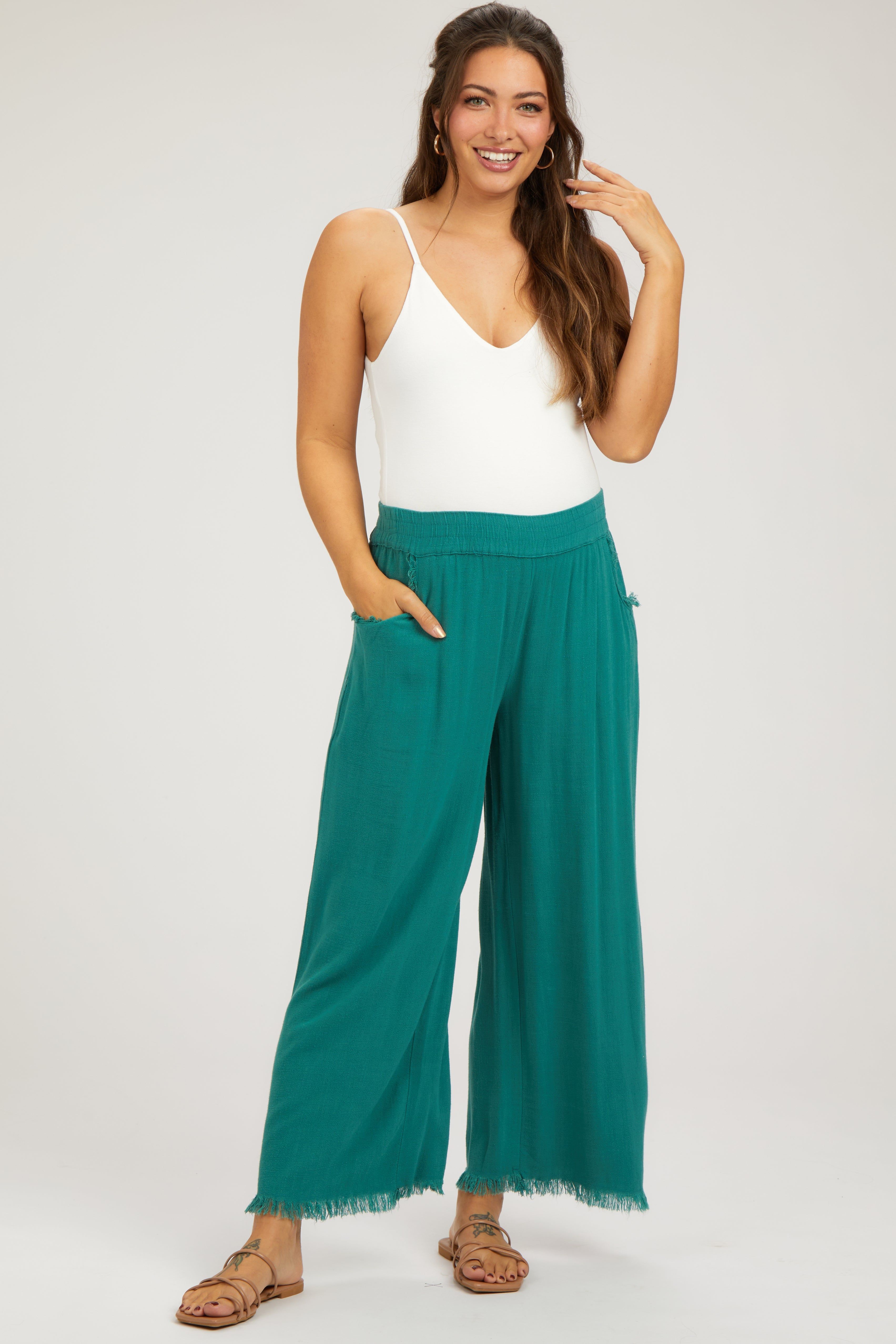Teal Linen Frayed Hem Crop Maternity Pants sold by Pinkblush