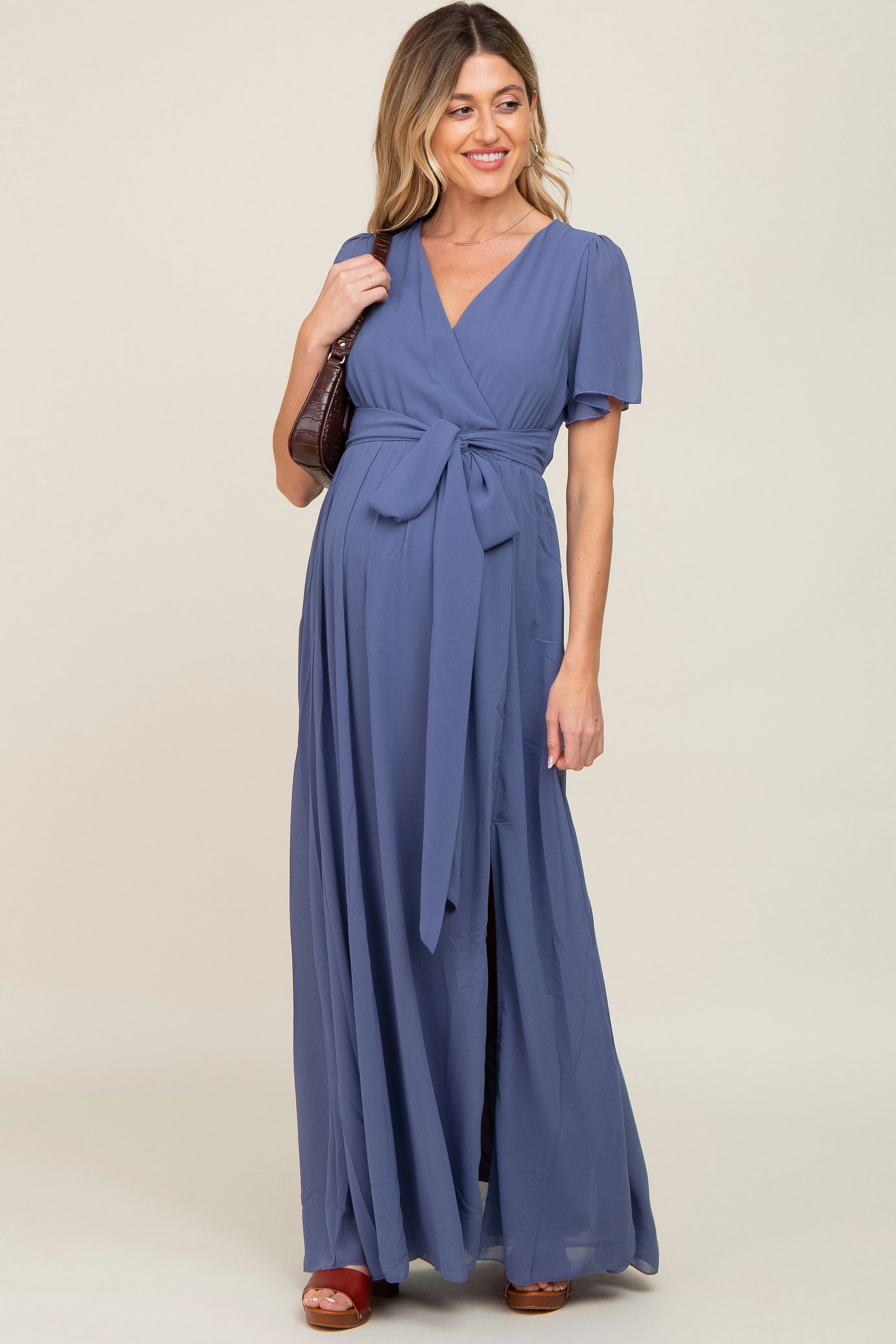 Navy Blue Chiffon Short Sleeve Wrap V-Neck Front Slit Maternity Maxi Dress sold by Pinkblush product image thumbnail 2