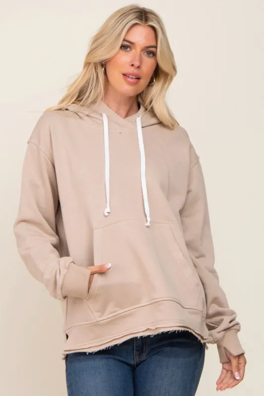 Beige Raw Edge Trim Drawstring Hoodie sold by Pinkblush