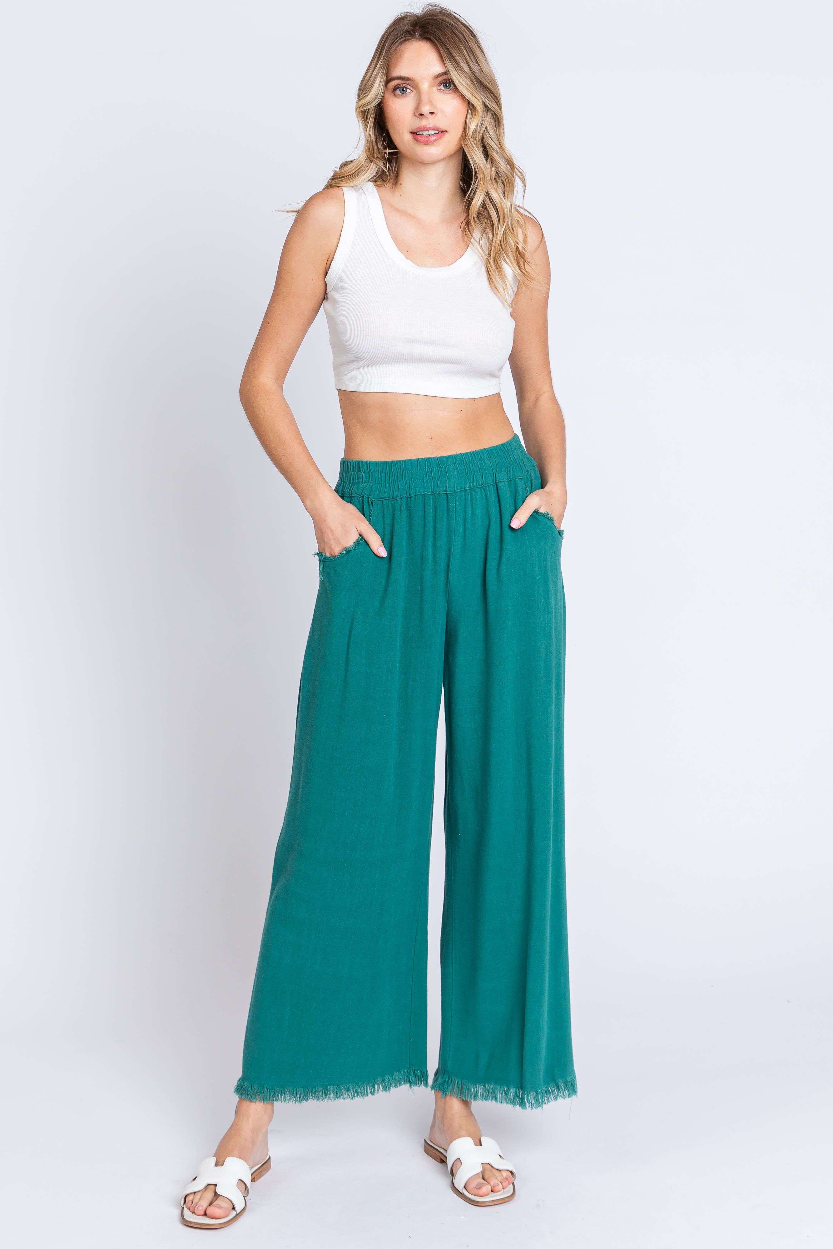Teal Linen Frayed Hem Crop Maternity Pants sold by Pinkblush product image thumbnail 5