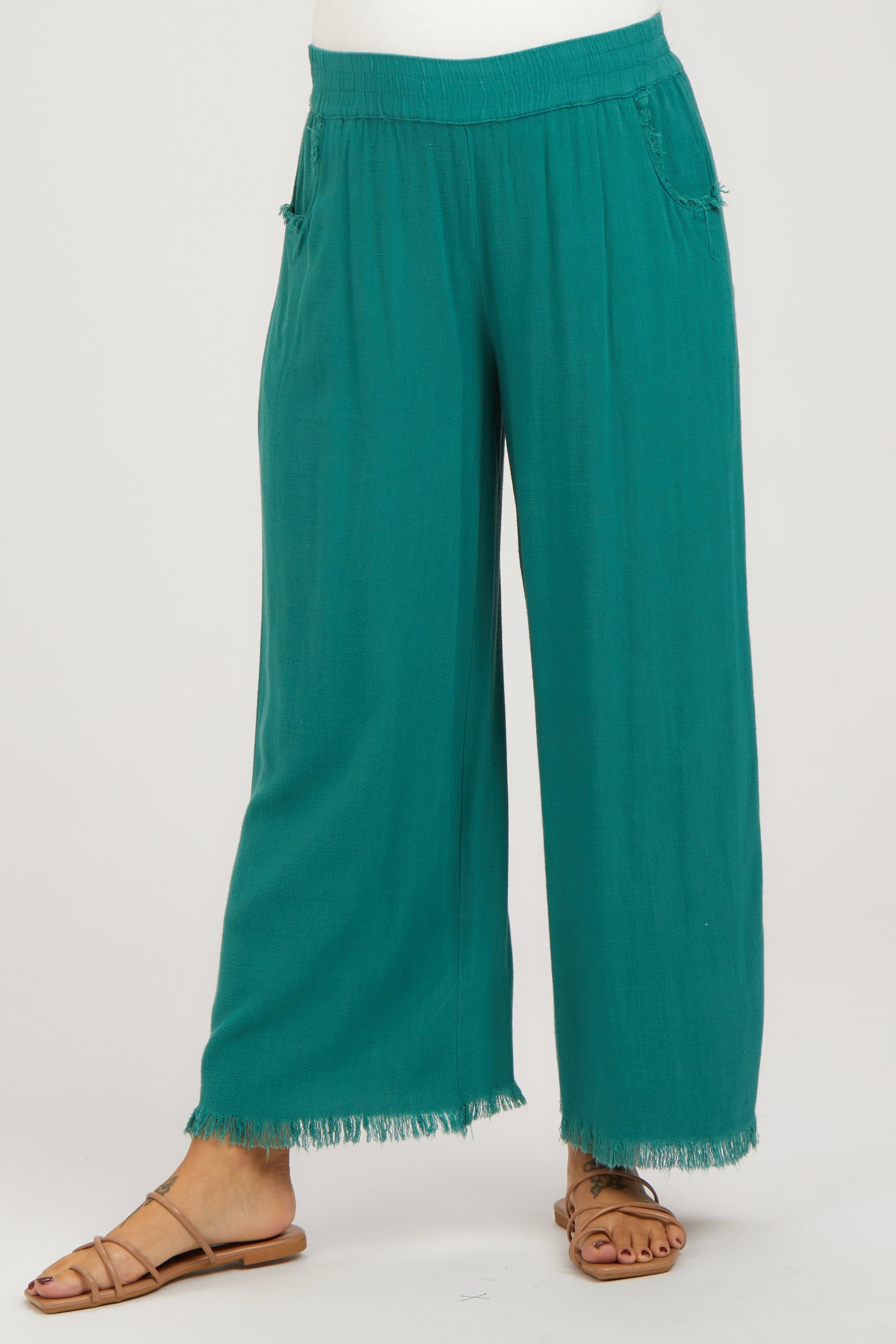 Teal Linen Frayed Hem Crop Maternity Pants sold by Pinkblush product image thumbnail 2