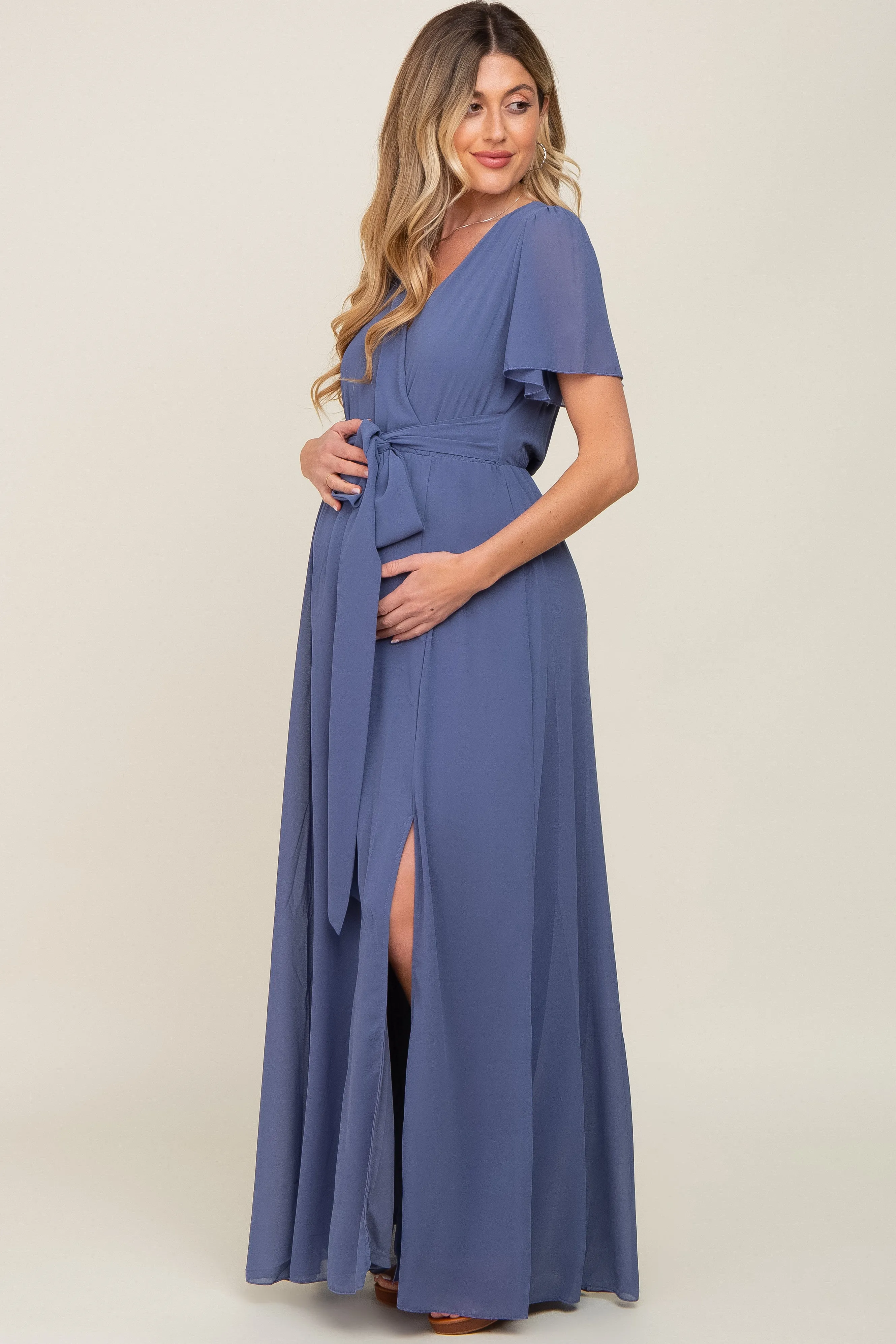 Navy Blue Chiffon Short Sleeve Wrap V-Neck Front Slit Maternity Maxi Dress sold by Pinkblush product image thumbnail 3