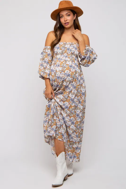 Taupe Floral Print Off Shoulder Smocked Maternity Maxi Dress sold by Pinkblush