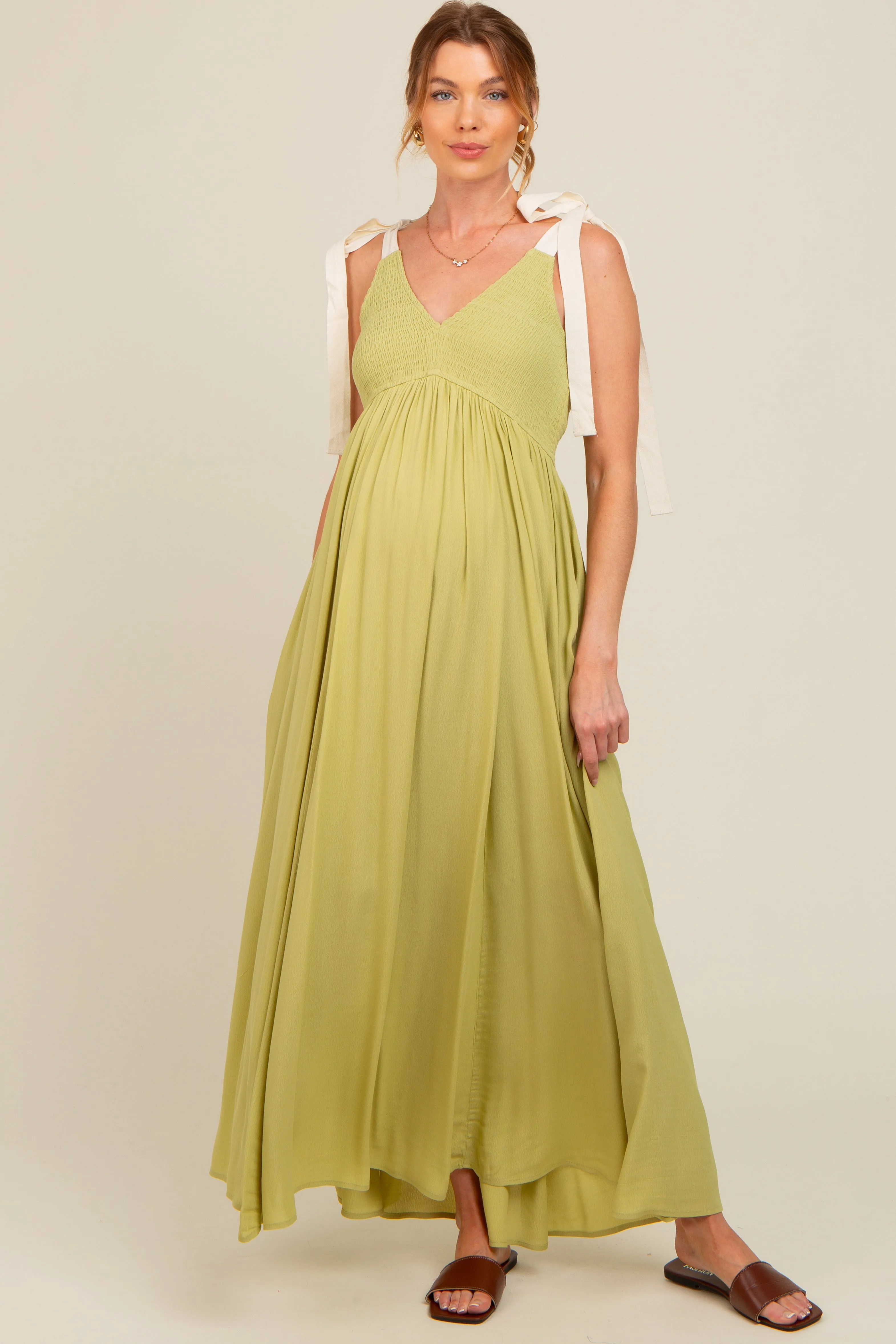 Lime Contrast Shoulder Tie Smocked Maternity Maxi Dress sold by Pinkblush product image thumbnail 2