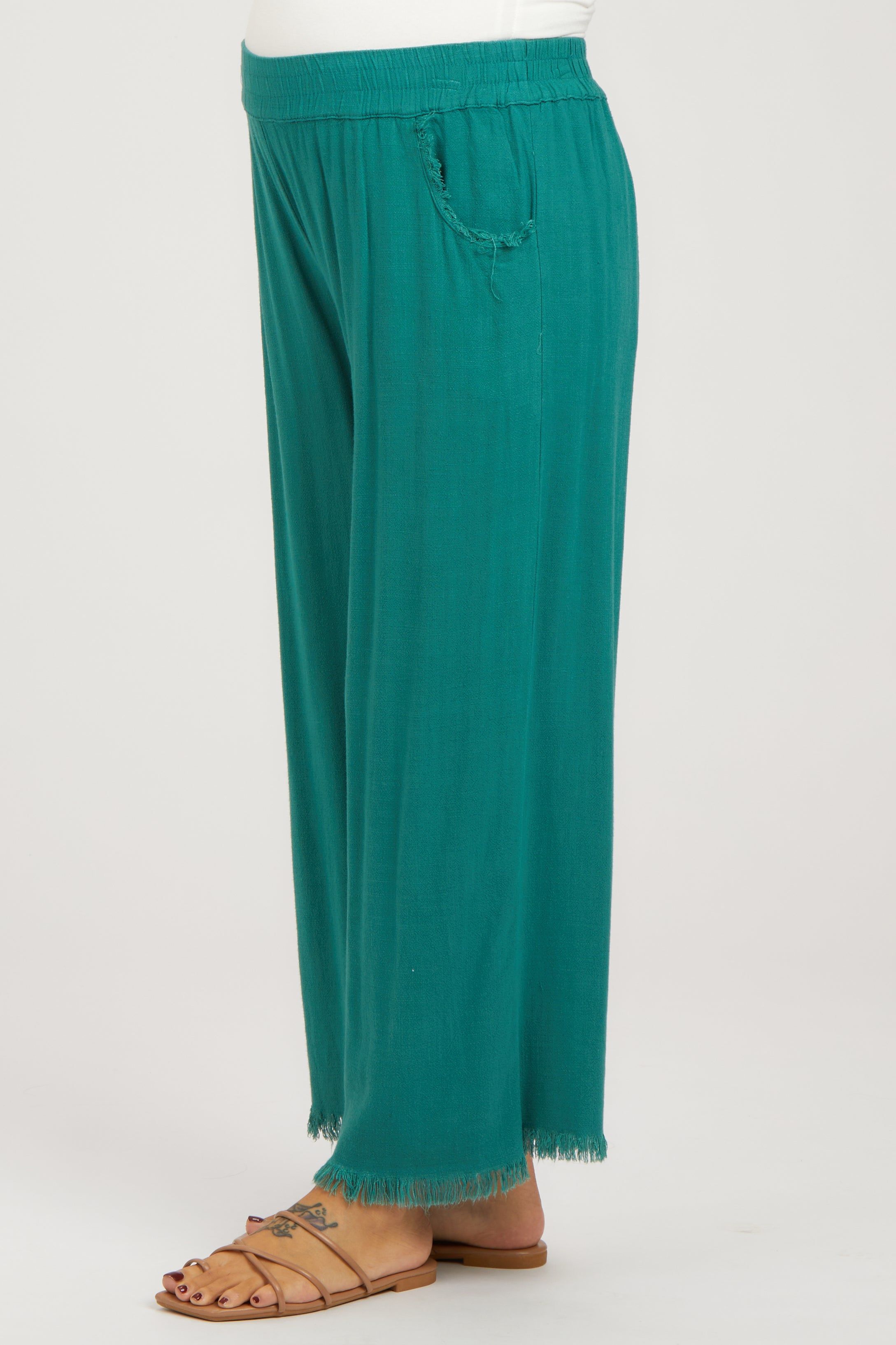 Teal Linen Frayed Hem Crop Maternity Pants sold by Pinkblush product image thumbnail 3