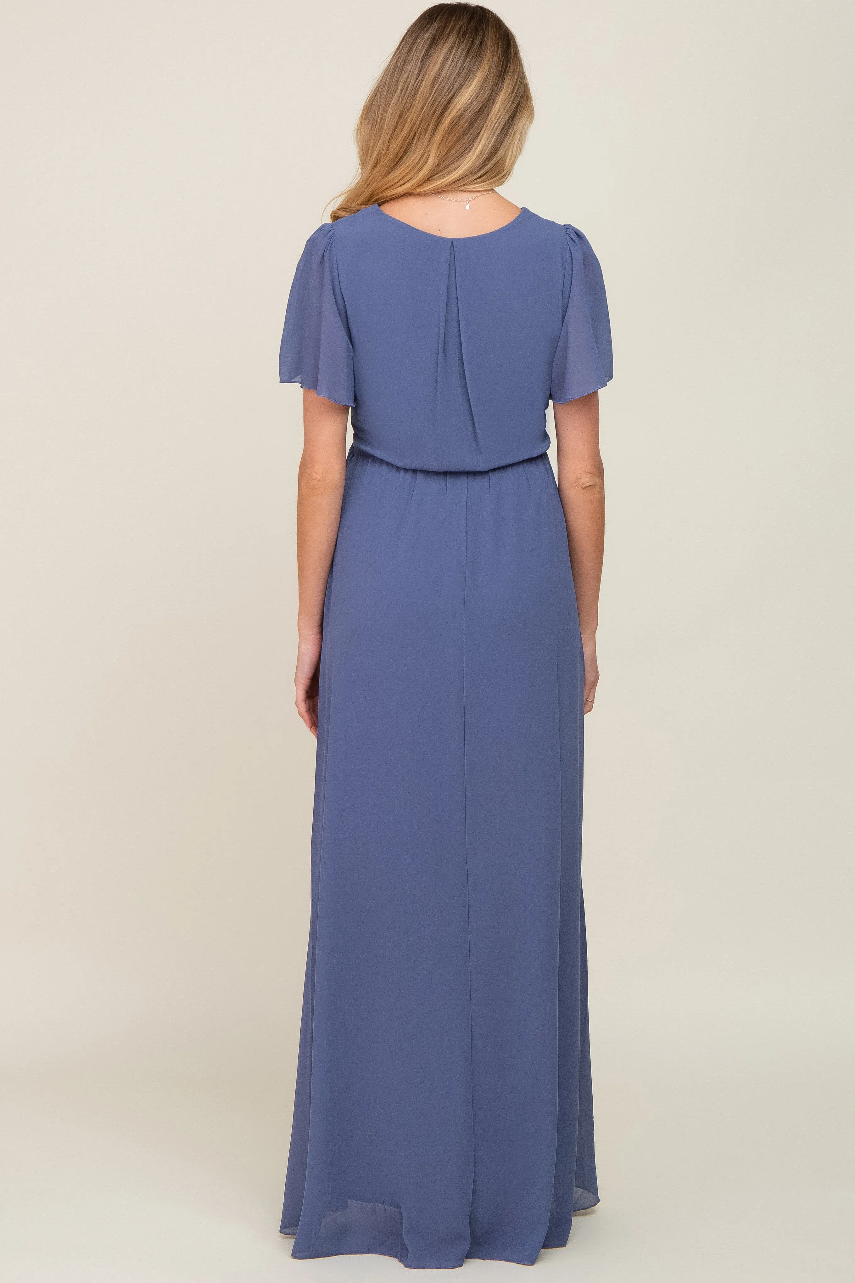 Navy Blue Chiffon Short Sleeve Wrap V-Neck Front Slit Maternity Maxi Dress sold by Pinkblush product image thumbnail 4