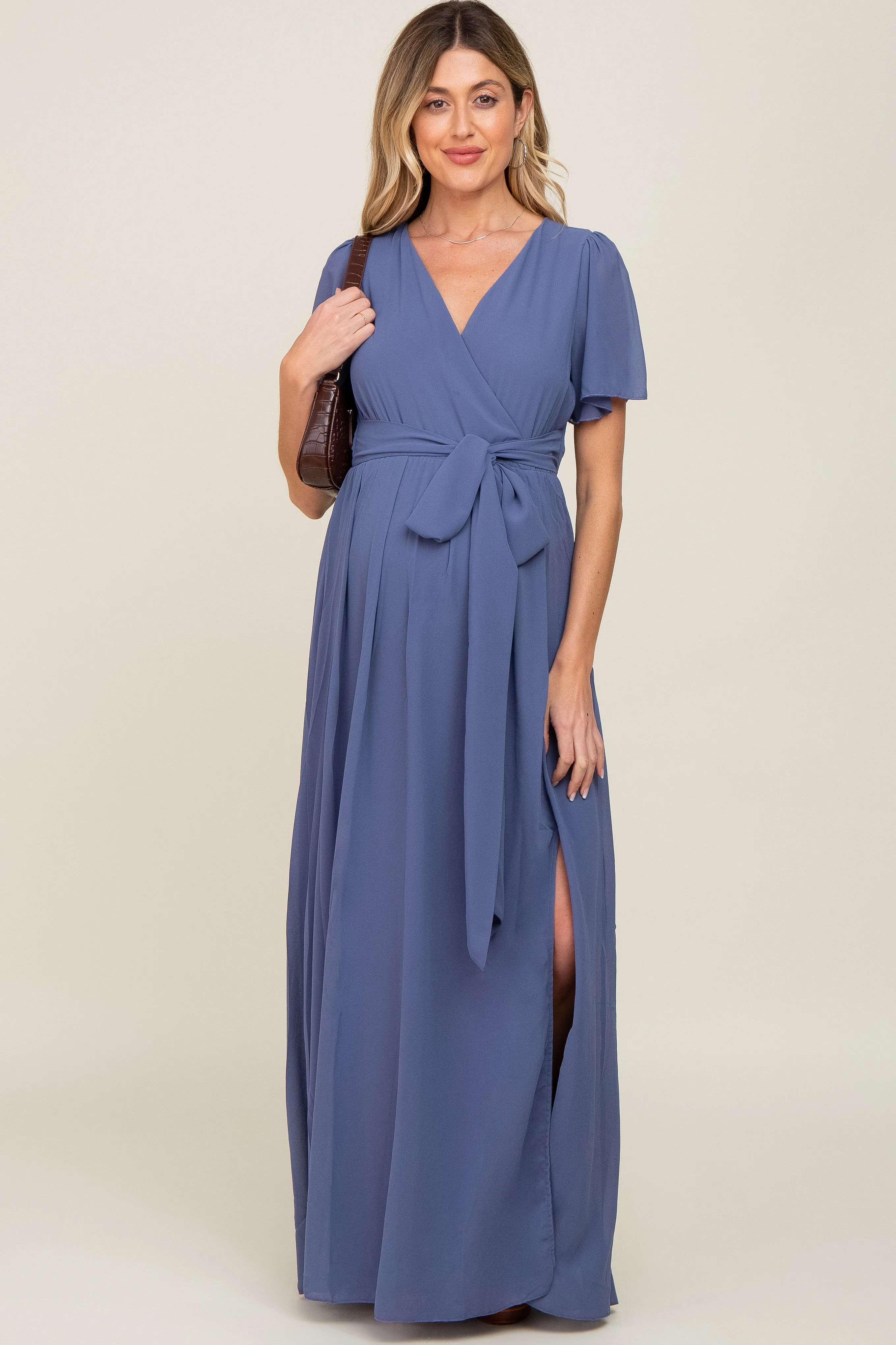 Navy Blue Chiffon Short Sleeve Wrap V-Neck Front Slit Maternity Maxi Dress sold by Pinkblush
