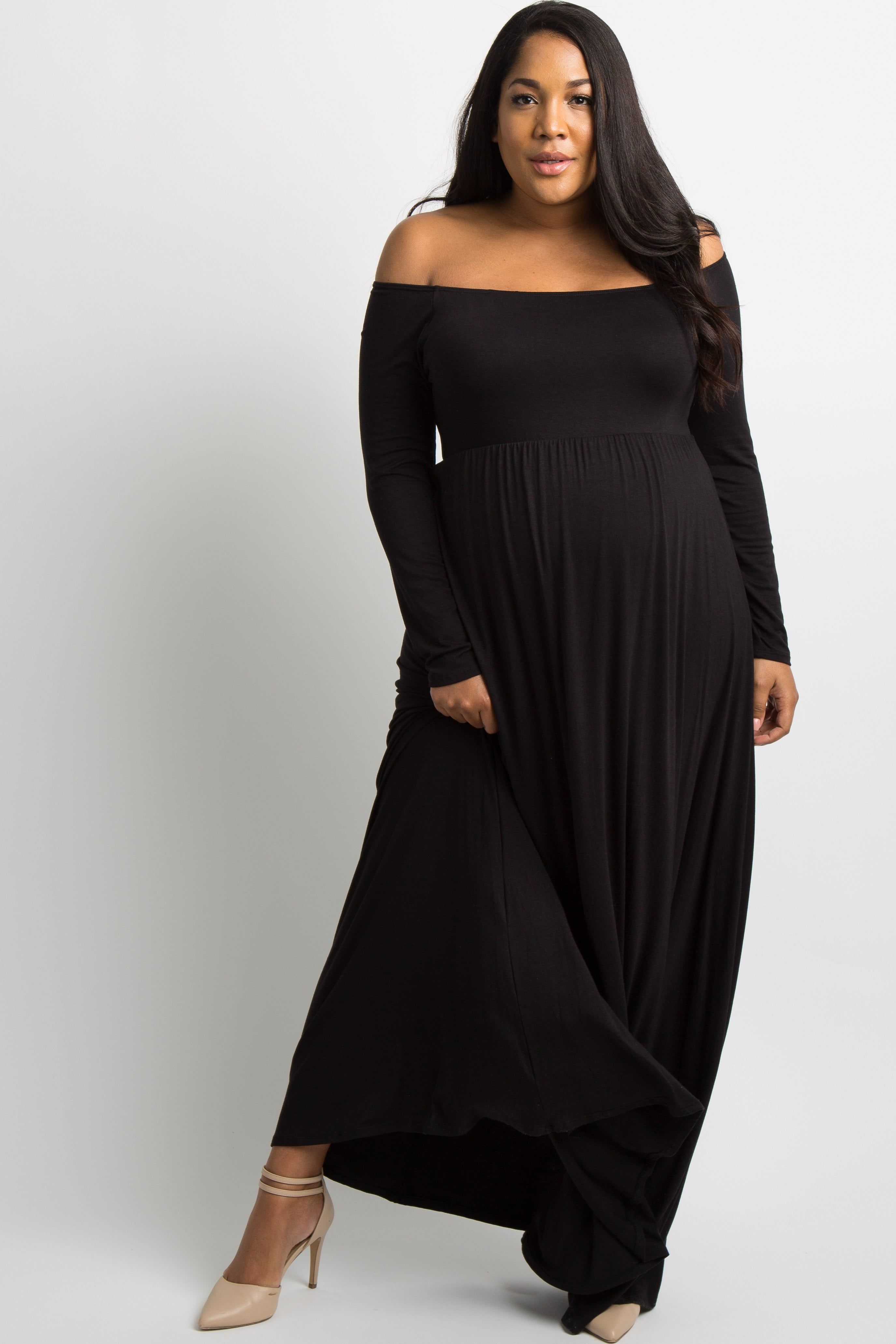 PinkBlush Black Solid Off Shoulder Plus Maternity Maxi Dress sold by Pinkblush