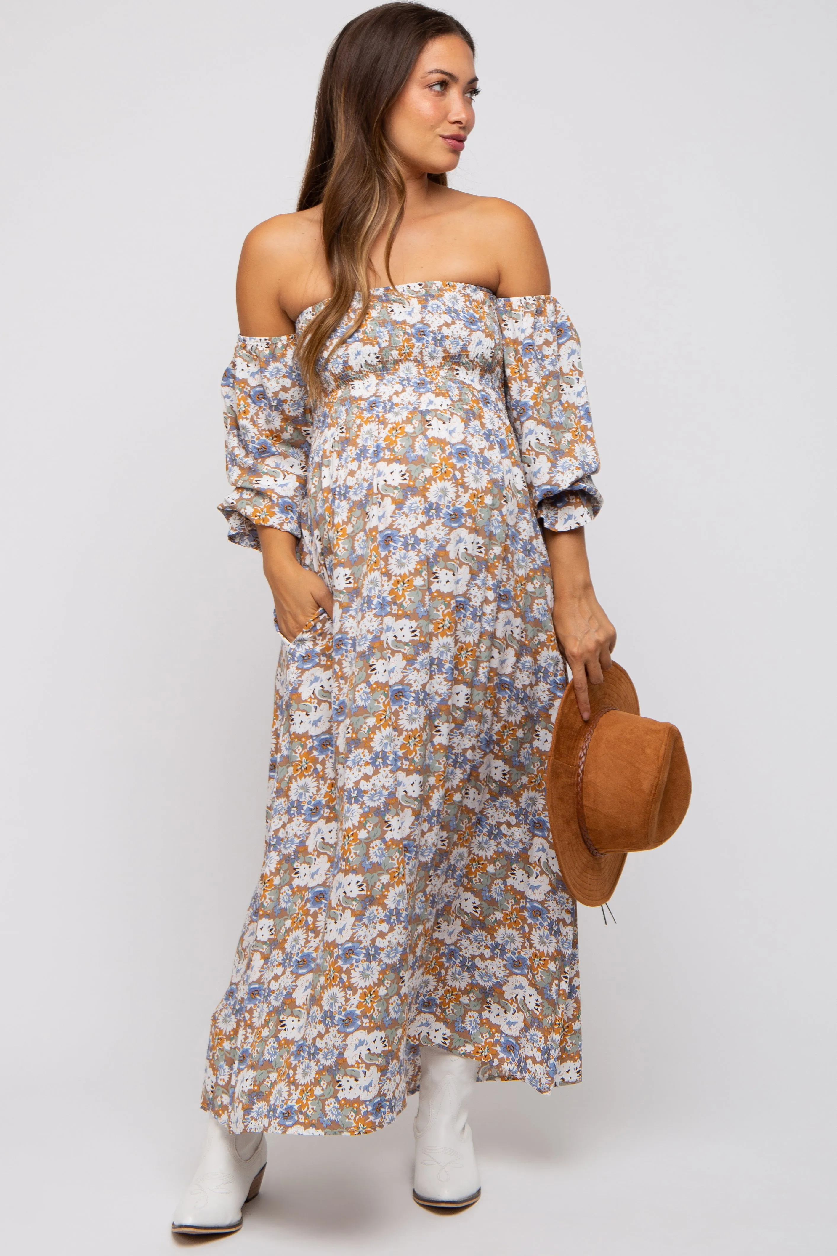 Taupe Floral Print Off Shoulder Smocked Maternity Maxi Dress sold by Pinkblush product image thumbnail 5
