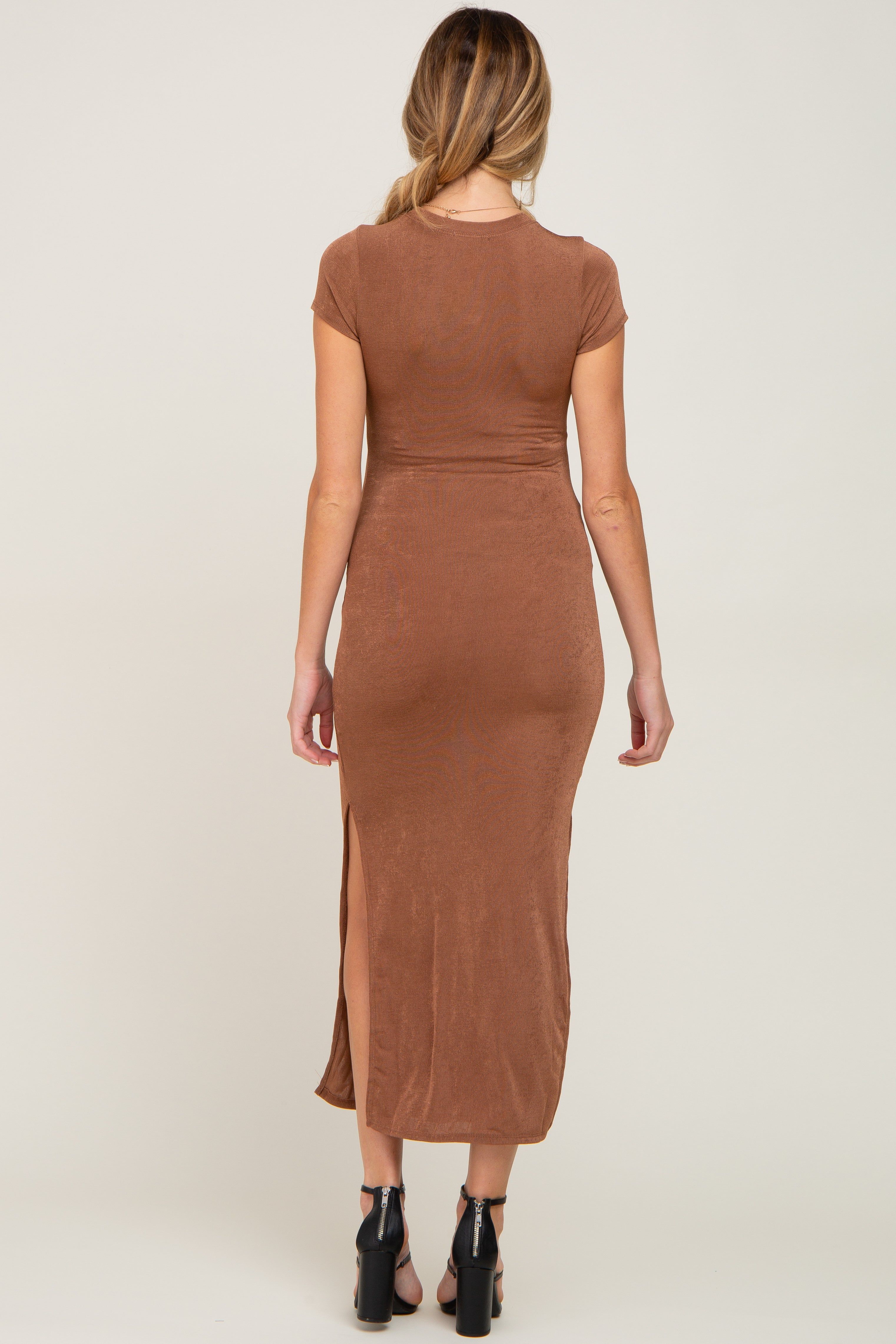 Camel Short Sleeve Side Slit Maternity Maxi Dress sold by Pinkblush product image thumbnail 3