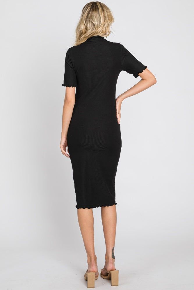 Black Ribbed Mock Neck Fitted Midi Dress sold by Pinkblush product image thumbnail 3