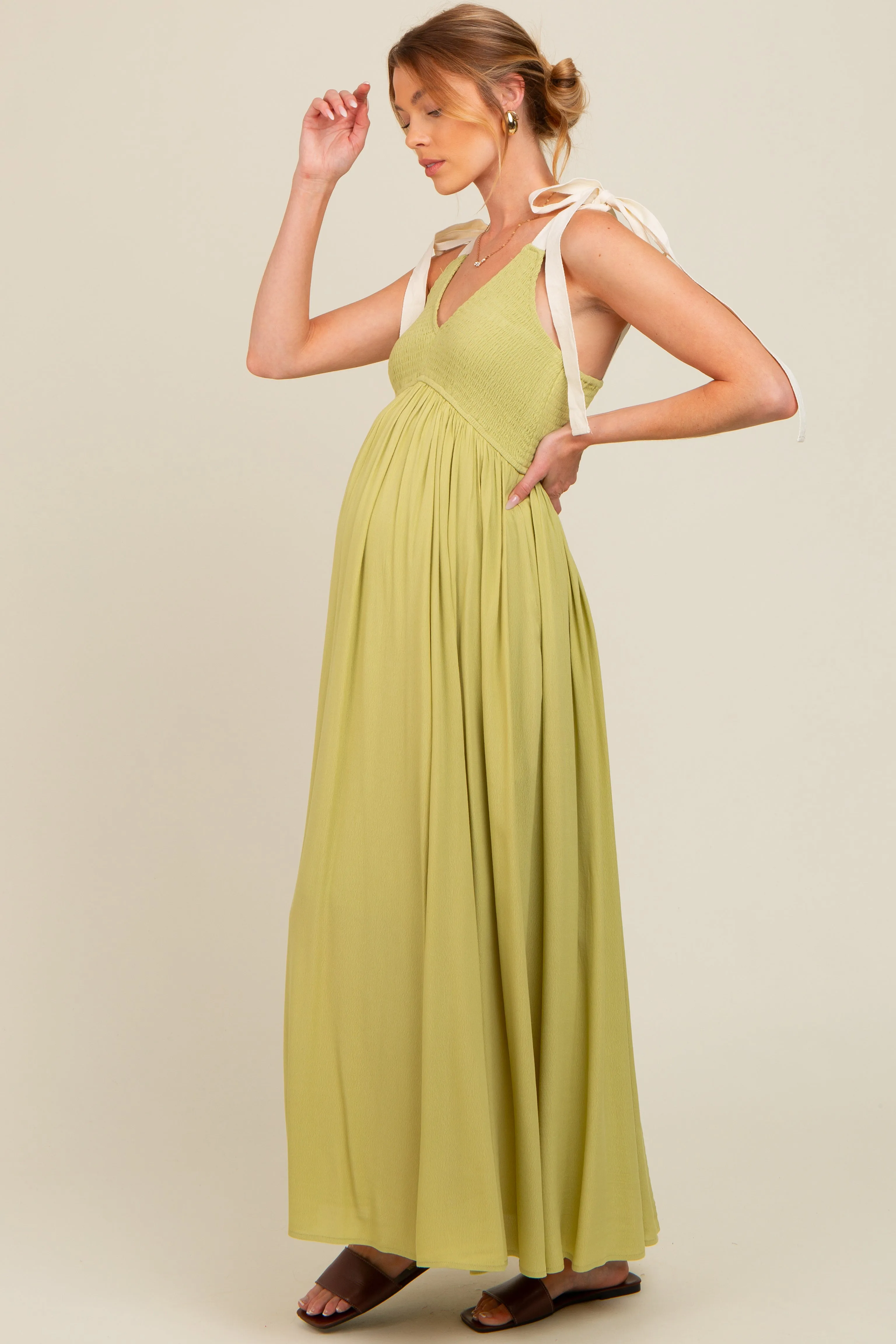 Lime Contrast Shoulder Tie Smocked Maternity Maxi Dress sold by Pinkblush product image thumbnail 3