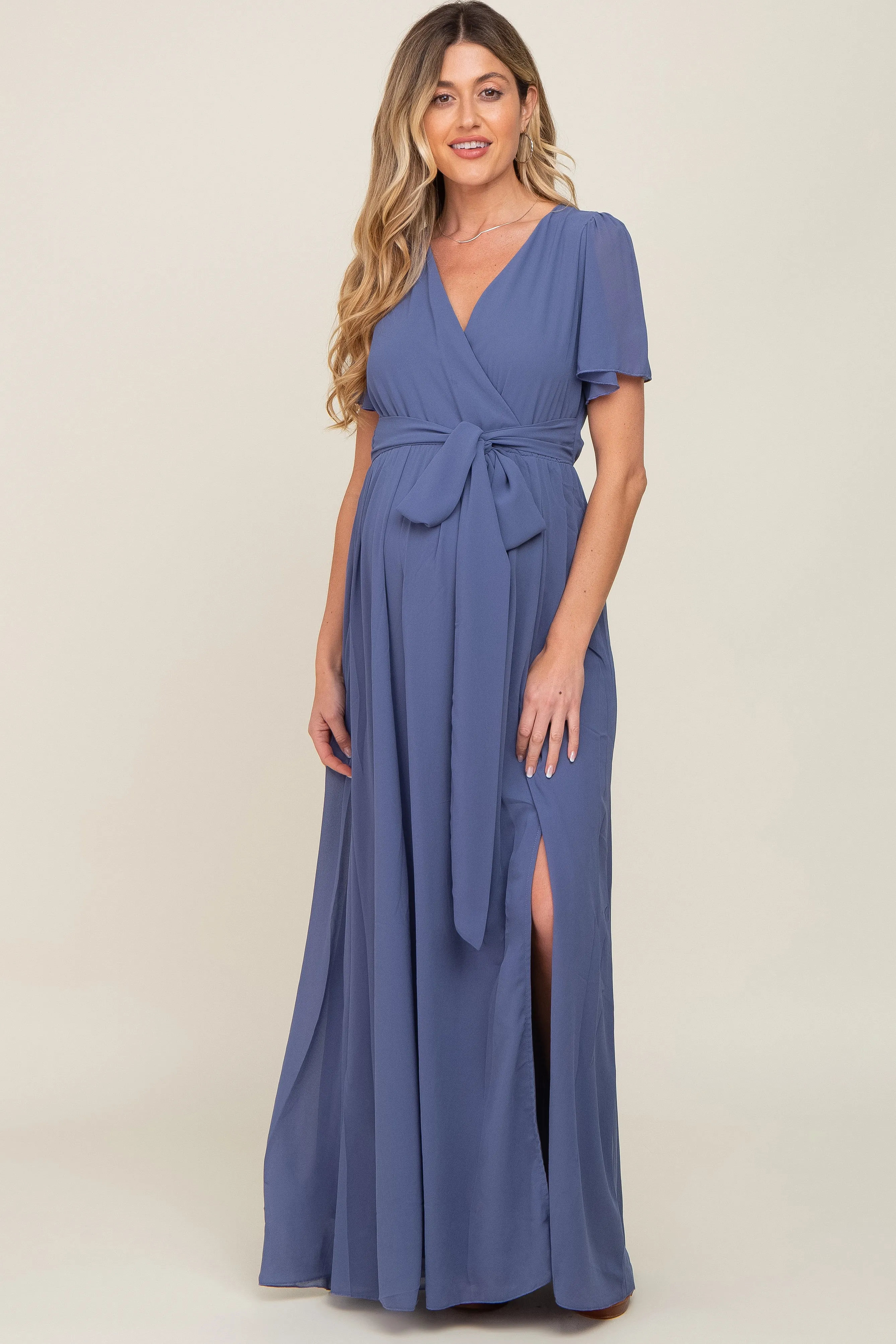 Navy Blue Chiffon Short Sleeve Wrap V-Neck Front Slit Maternity Maxi Dress sold by Pinkblush product image thumbnail 5