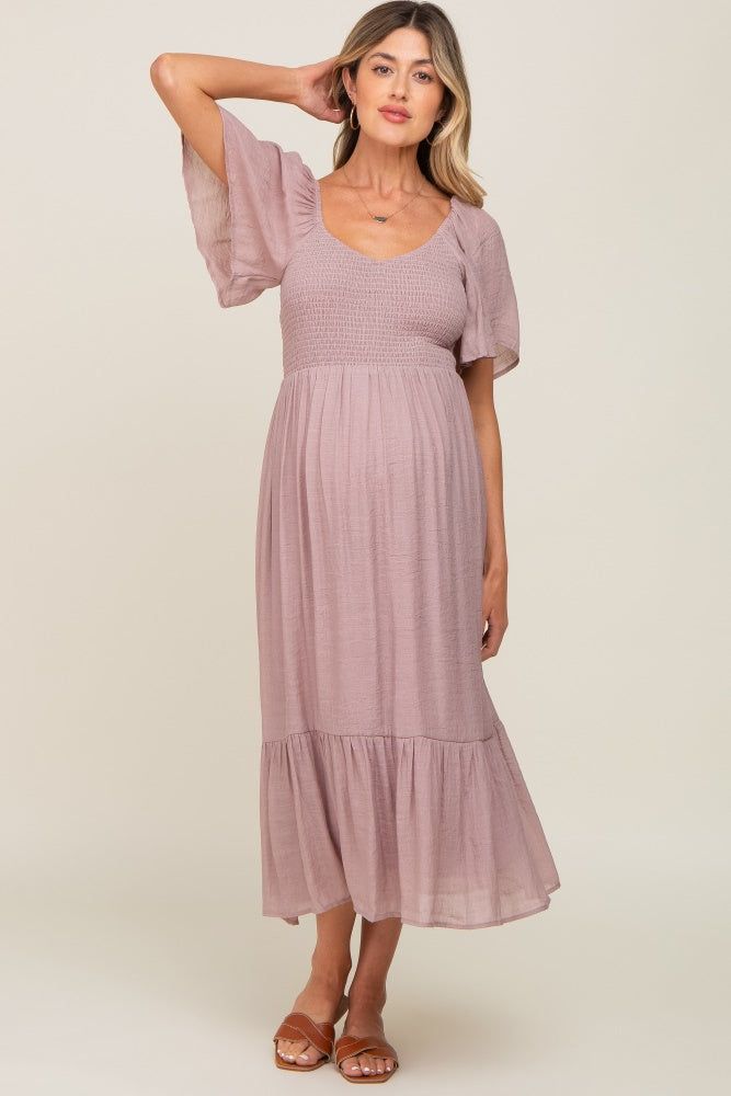Mauve Smocked Ruffle Hem Maternity Maxi Dress sold by Pinkblush product image thumbnail 4
