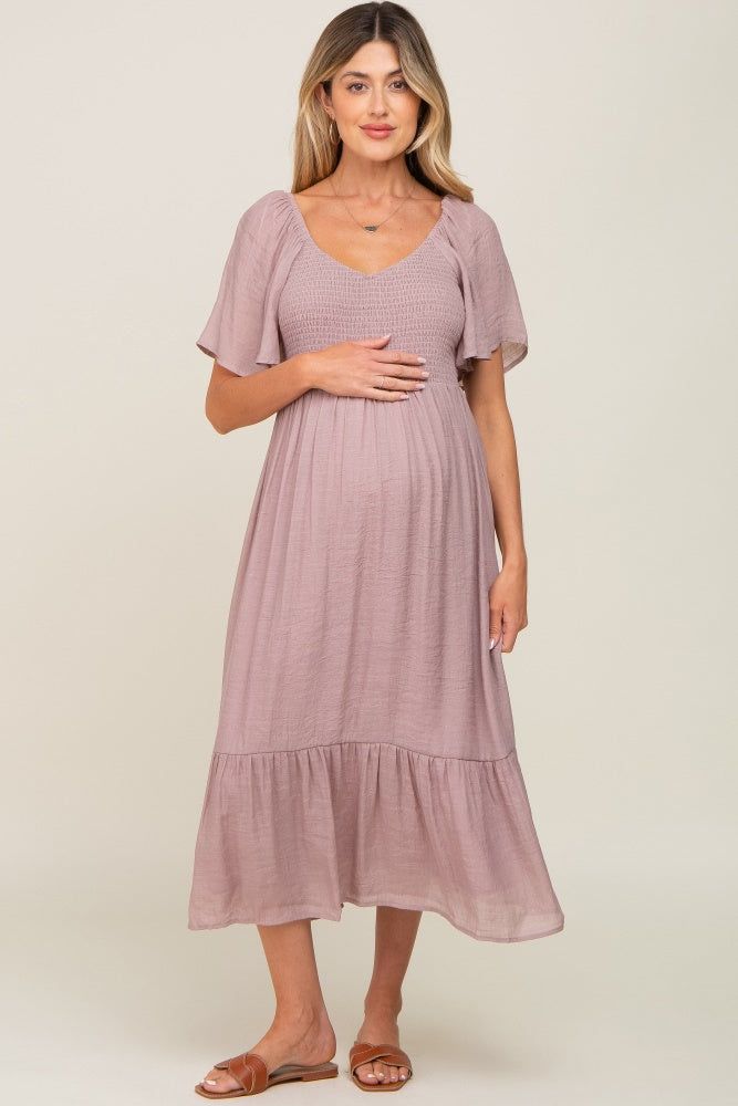 Mauve Smocked Ruffle Hem Maternity Maxi Dress sold by Pinkblush