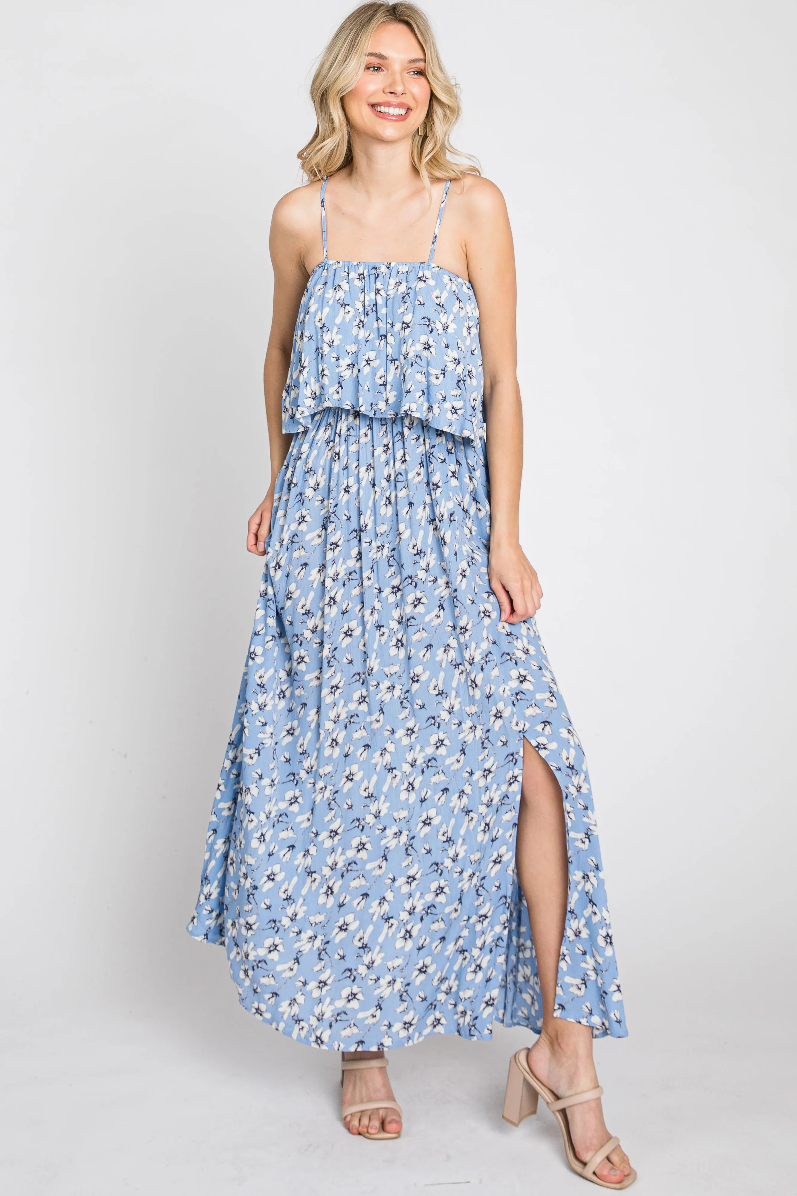 Light Blue Floral Flounce Maternity Maxi Dress sold by Pinkblush product image thumbnail 4