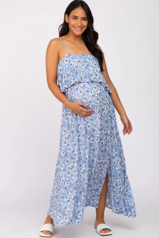 Light Blue Floral Flounce Maternity Maxi Dress sold by Pinkblush