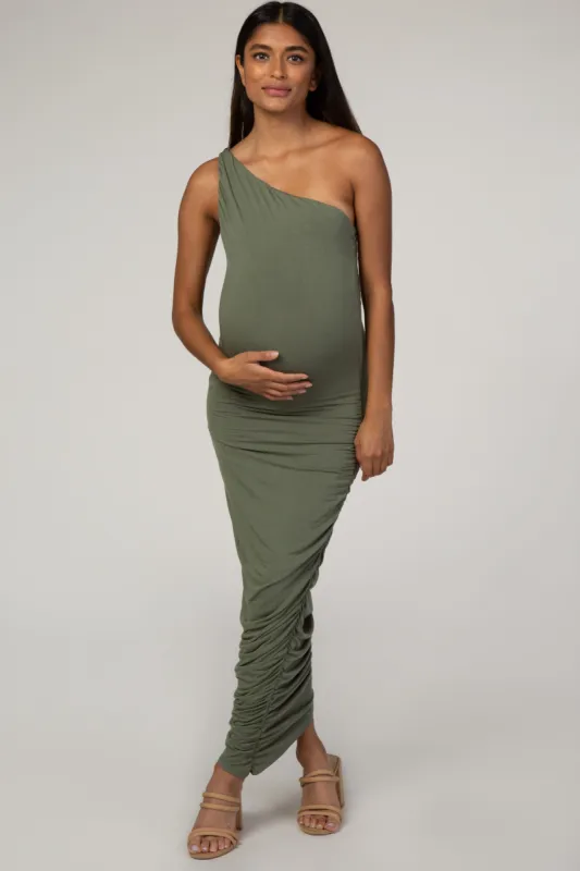 PinkBlush Olive Ruched One Shoulder Maternity Dress sold by Pinkblush