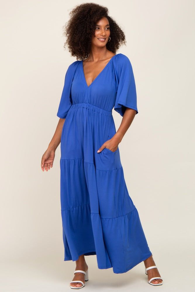 Royal Blue Deep V-Neck Tiered Maxi Dress sold by Pinkblush