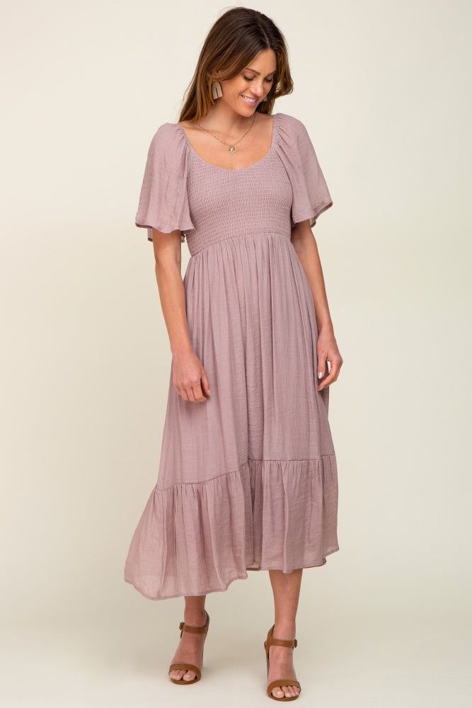 Mauve Smocked Ruffle Hem Maternity Maxi Dress sold by Pinkblush product image thumbnail 5