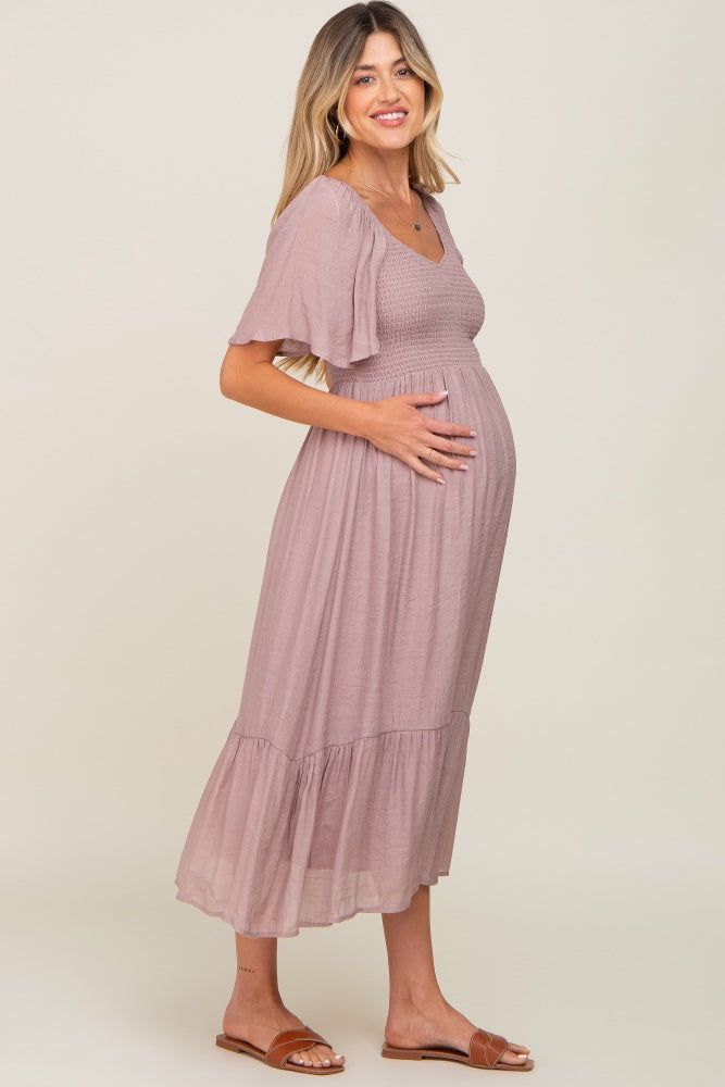 Mauve Smocked Ruffle Hem Maternity Maxi Dress sold by Pinkblush product image thumbnail 2