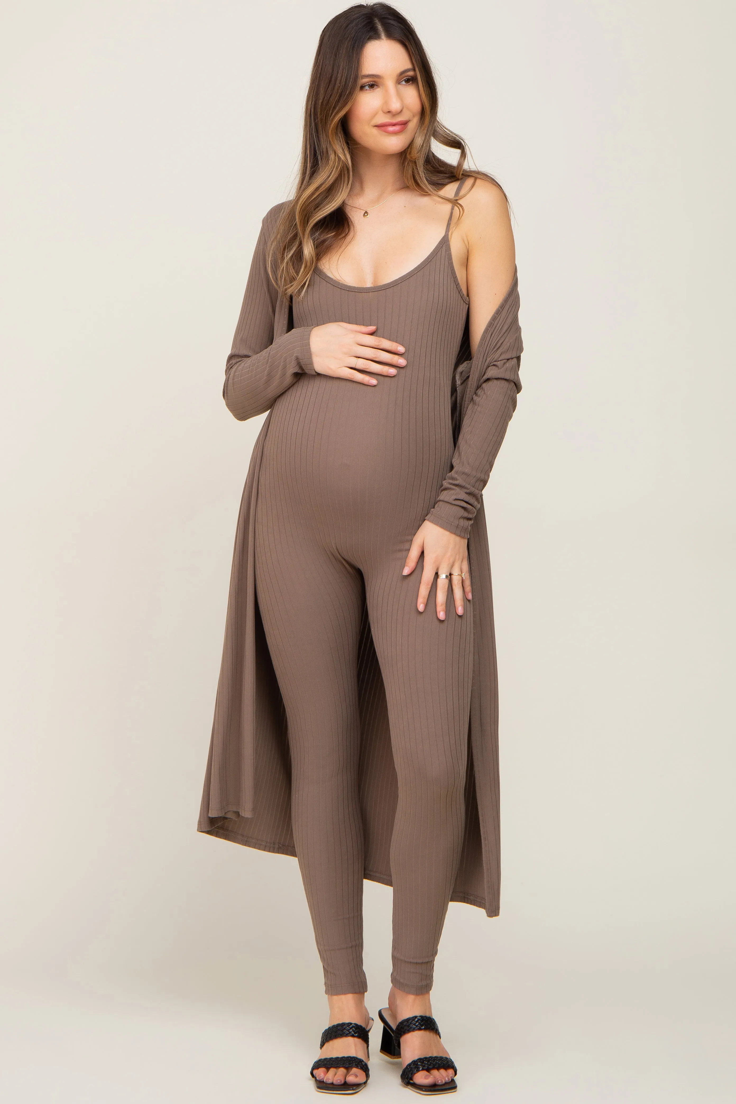 Mocha Ribbed Maternity Jumpsuit Two Piece Set sold by Pinkblush