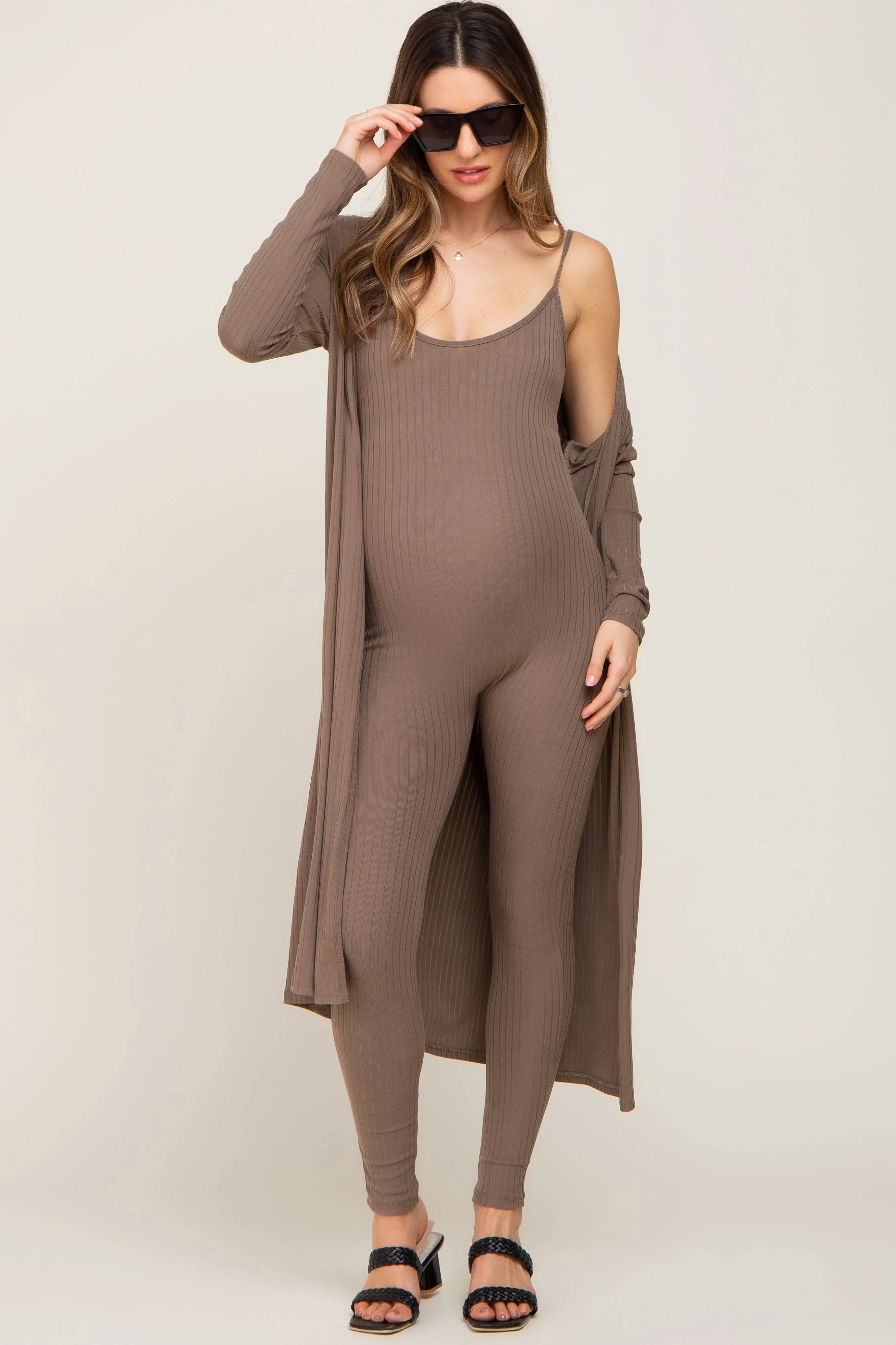 Mocha Ribbed Maternity Jumpsuit Two Piece Set sold by Pinkblush product image thumbnail 5