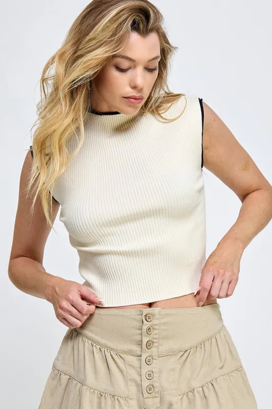 Off White Navy Contrast Mock Neck Sweater Vest sold by Pinkblush