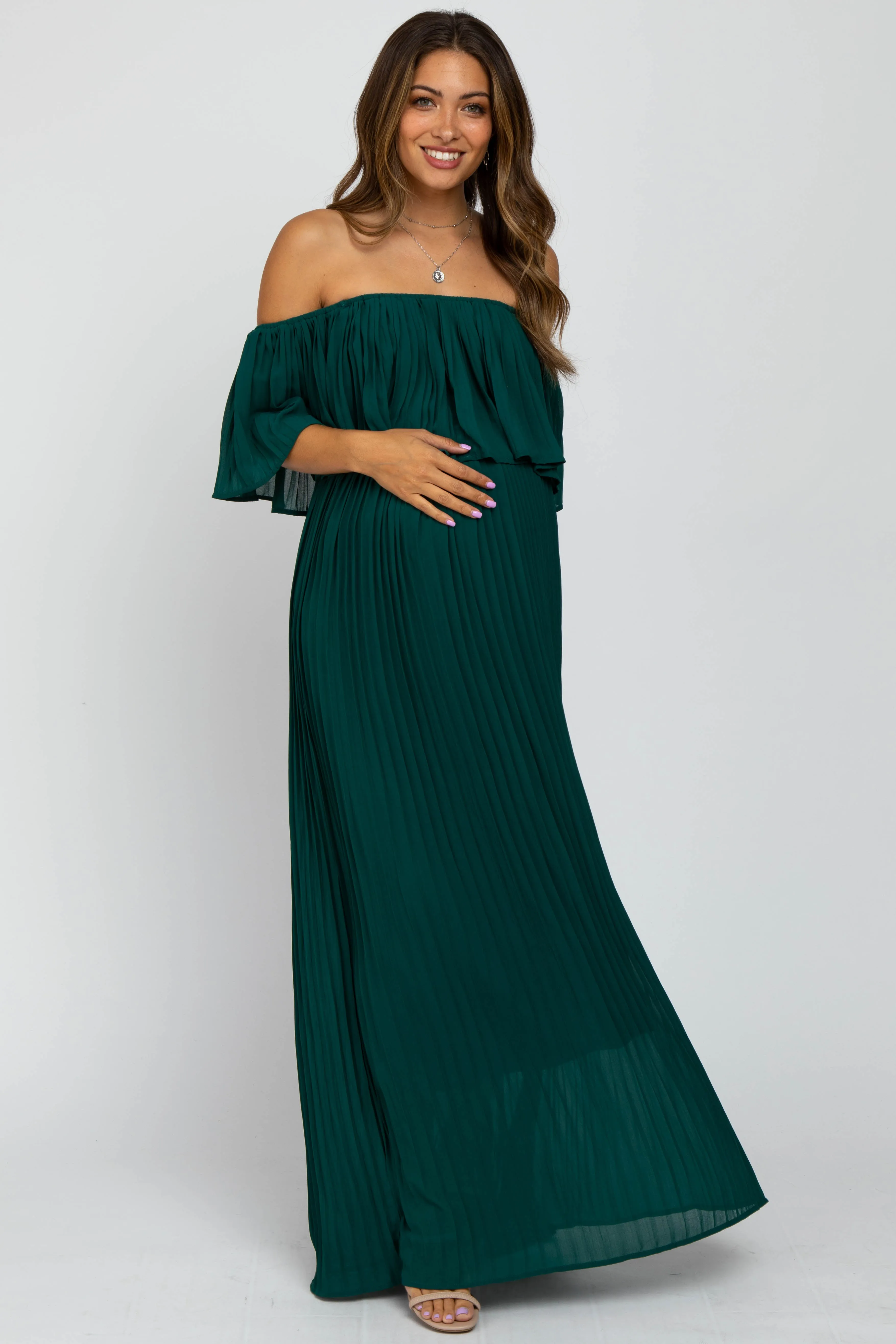 Forest Green Chiffon Pleated Off Shoulder Maternity Maxi Dress sold by Pinkblush