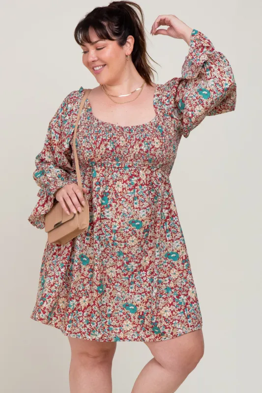 Burgundy Floral Smocked Ruffle Accent Plus Dress sold by Pinkblush