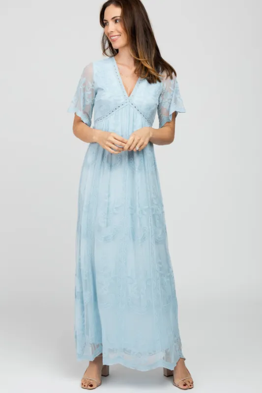 Light Blue Lace Mesh Overlay Maxi Dress sold by Pinkblush