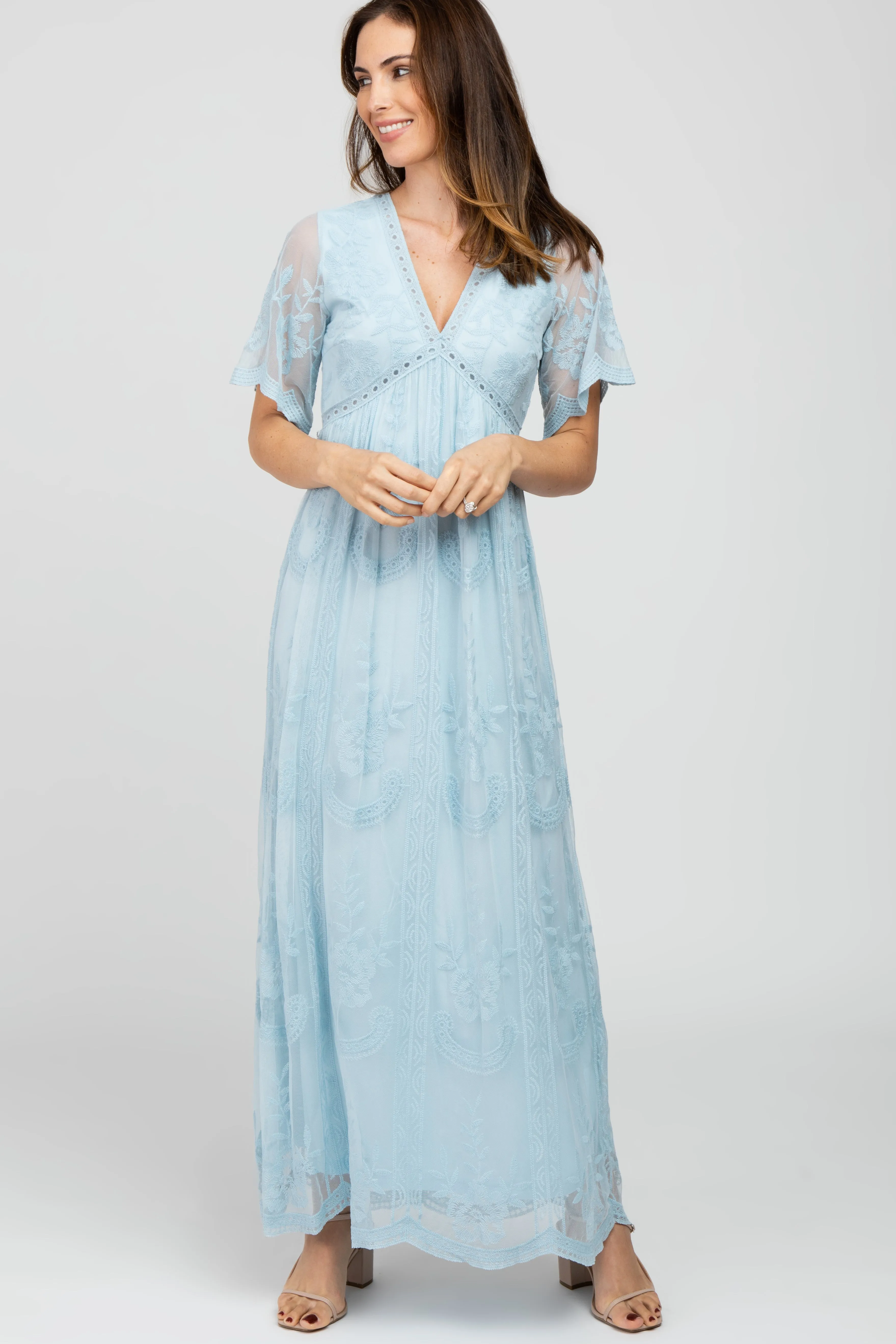 Light Blue Lace Mesh Overlay Maxi Dress sold by Pinkblush