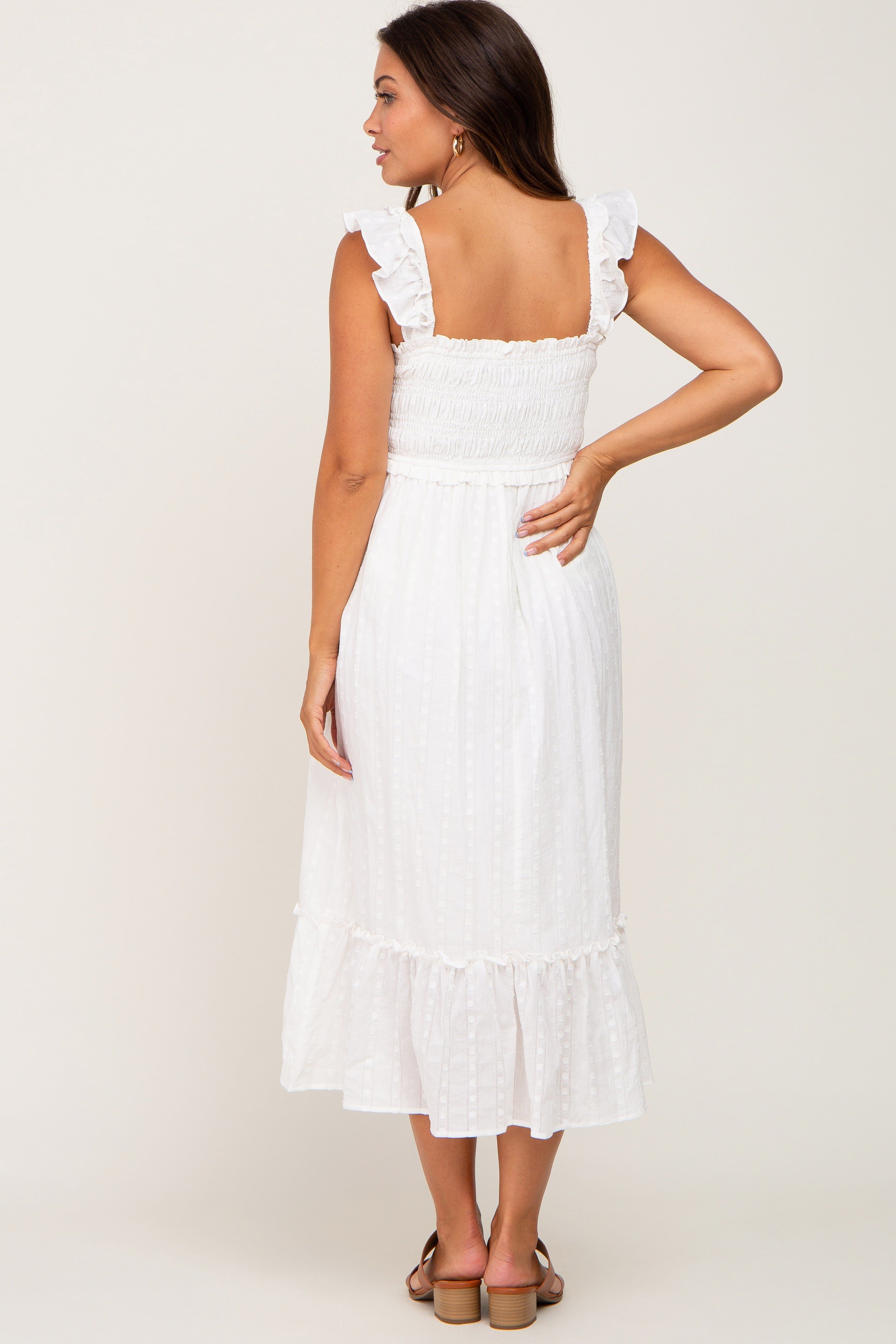 White Smocked Textured Maternity Midi Dress sold by Pinkblush product image thumbnail 3
