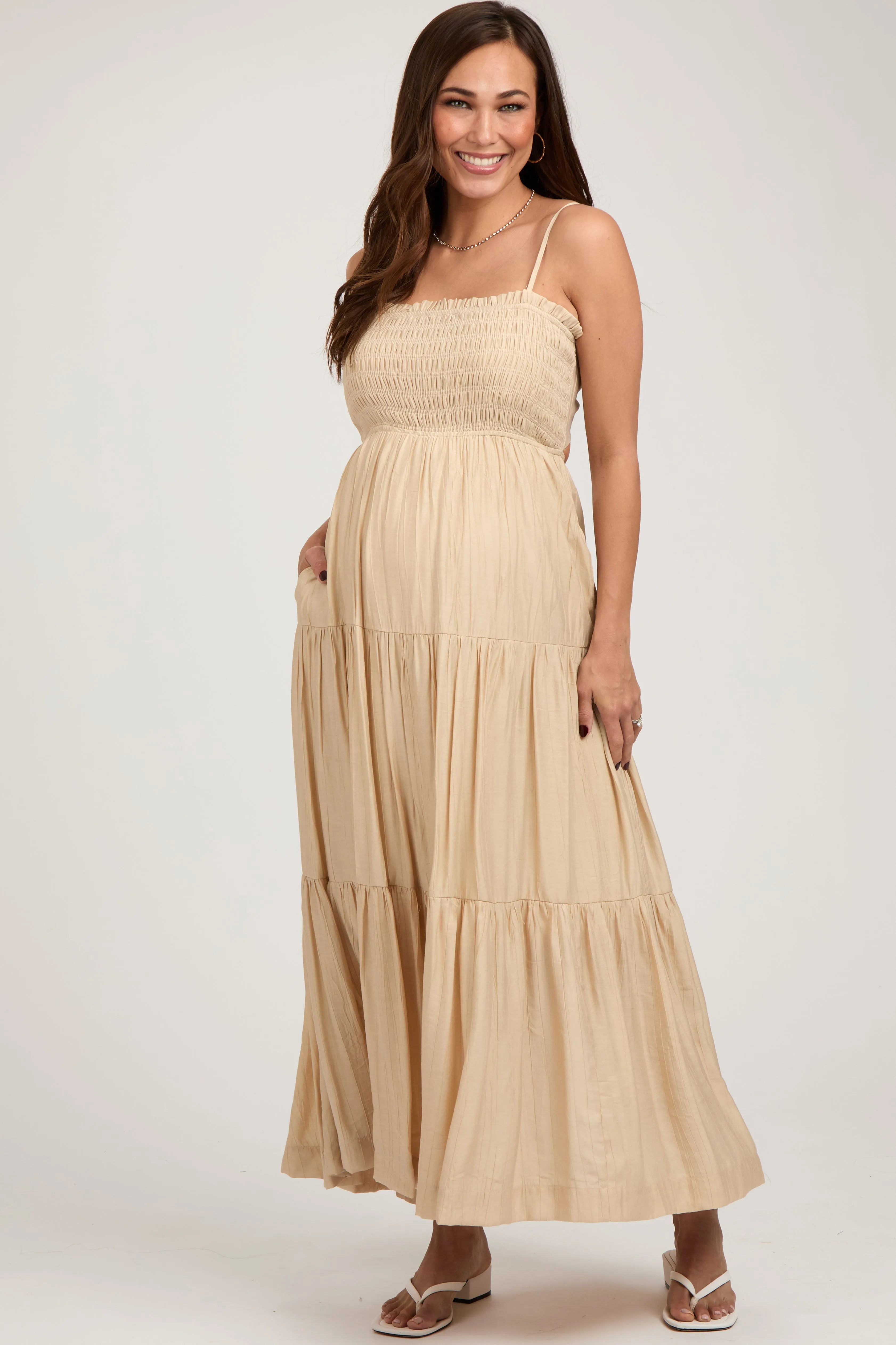 Beige Smocked Square Neck Back Cutout Tiered Maternity Midi Dress sold by Pinkblush