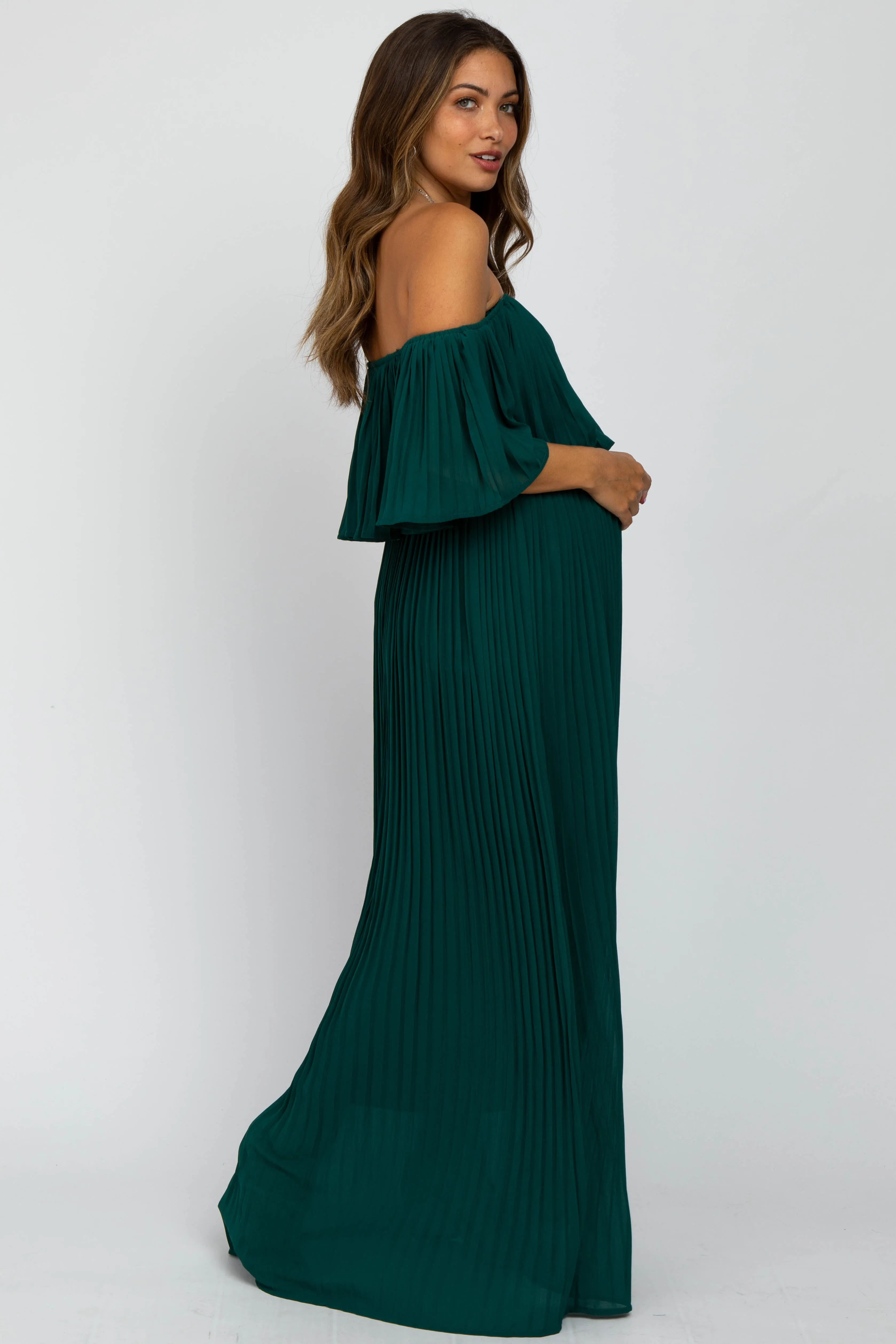 Forest Green Chiffon Pleated Off Shoulder Maternity Maxi Dress sold by Pinkblush product image thumbnail 2