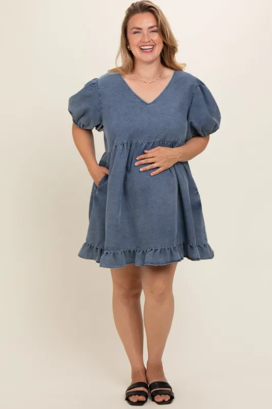 Light Blue Chambray Puff Sleeve Maternity Plus Dress sold by Pinkblush